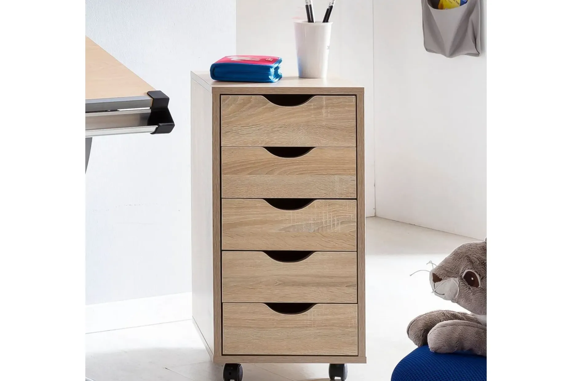 Rullkontejner Wohnling 5 lådor med folierad spånskiva och hjul, modern stil Sonoma