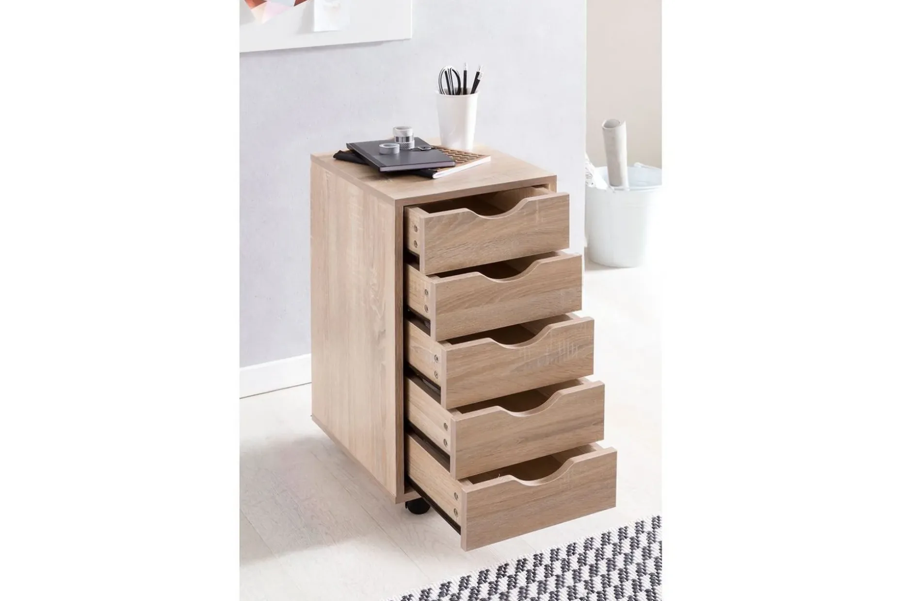 Rullkontejner Wohnling 5 lådor med folierad spånskiva och hjul, modern stil Sonoma