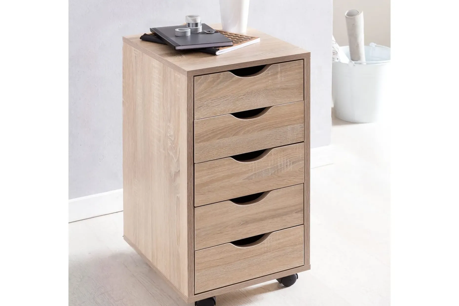 Rullkontejner Wohnling 5 lådor med folierad spånskiva och hjul, modern stil Sonoma