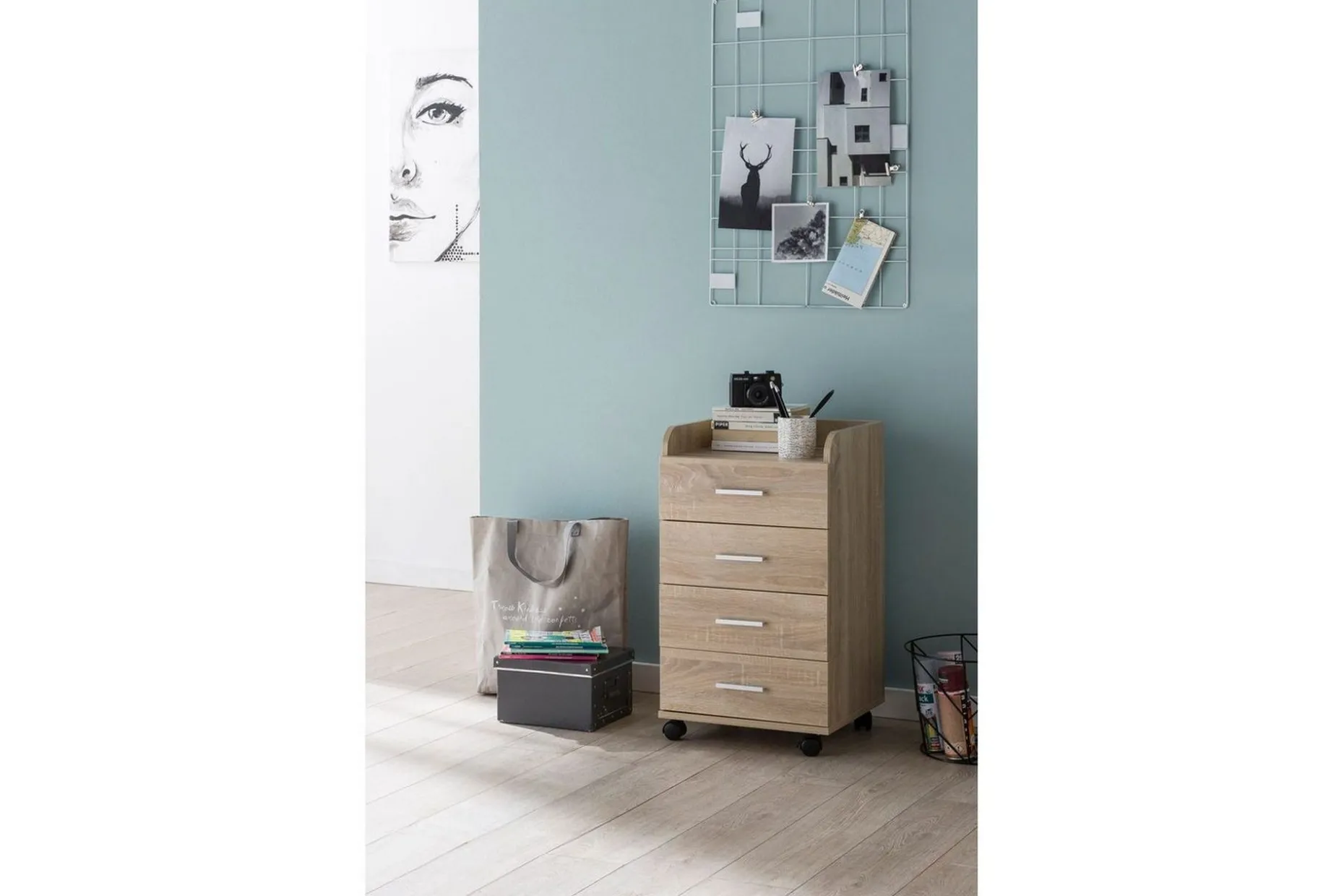 Rullkontejner Wohnling 4 lådor med hjul, förvaringsbricka, foliebelagd spånskiva, modern stil Sonoma