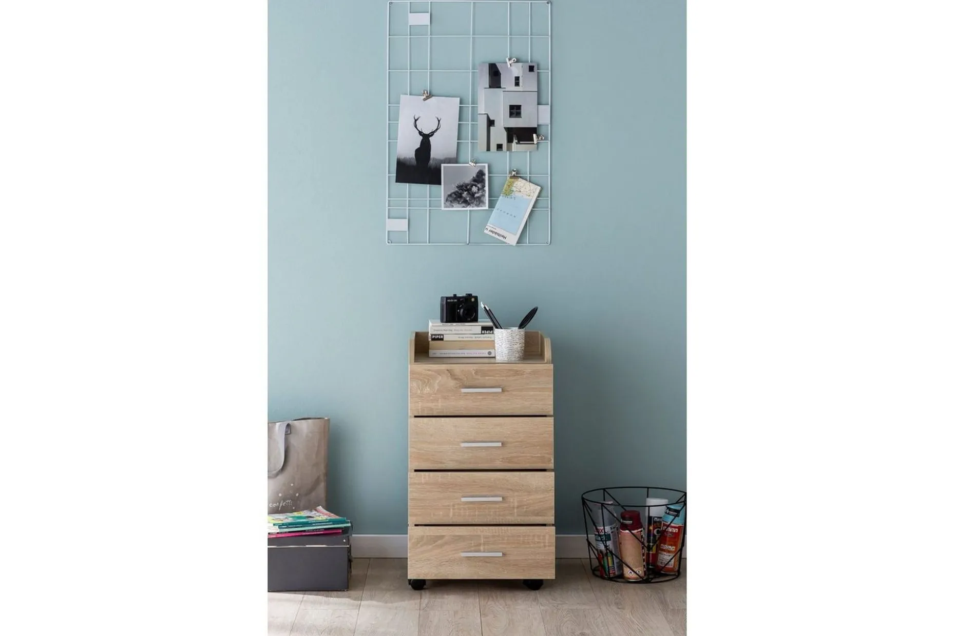 Rullkontejner Wohnling 4 lådor med hjul, förvaringsbricka, foliebelagd spånskiva, modern stil Sonoma