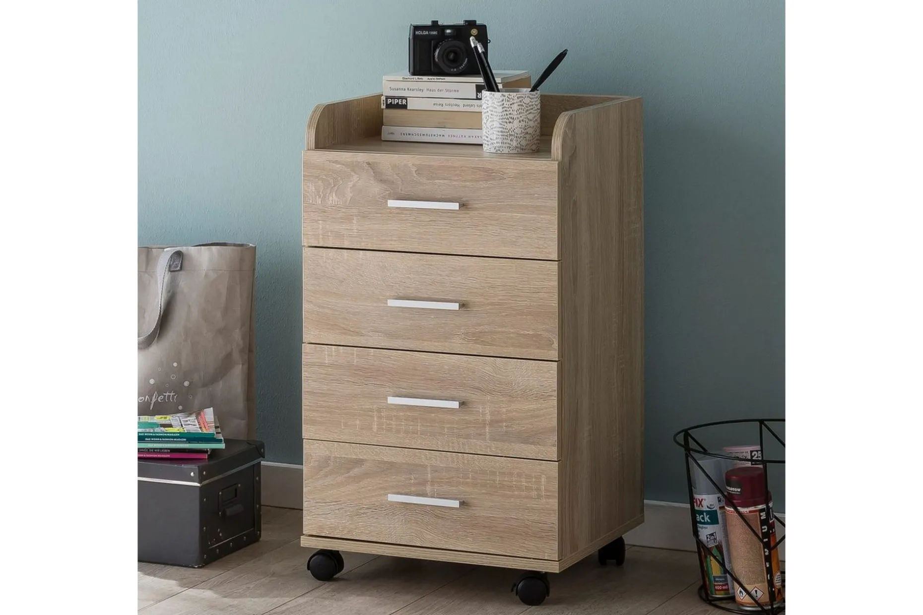 Rullkontejner Wohnling 4 lådor med hjul, förvaringsbricka, foliebelagd spånskiva, modern stil Sonoma