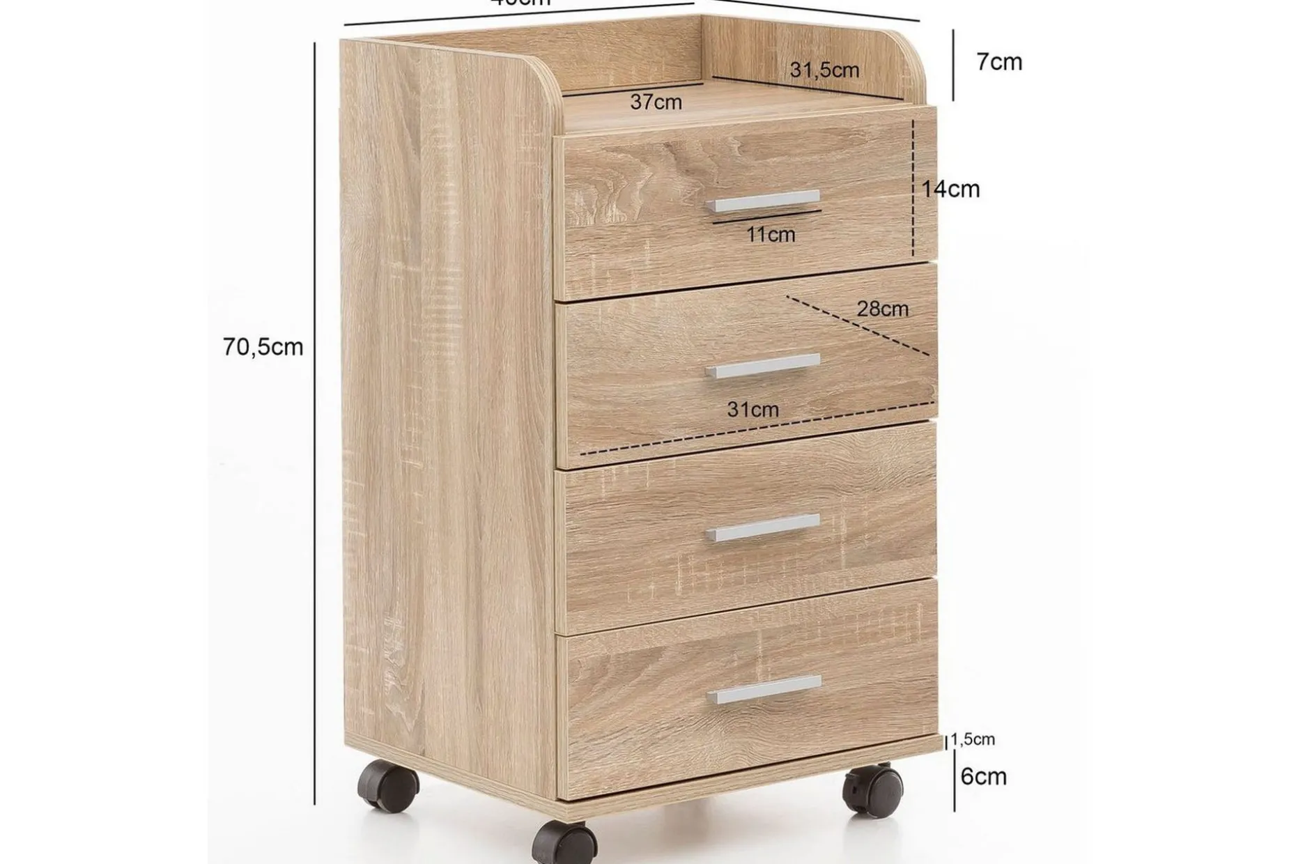 Rullkontejner Wohnling 4 lådor med hjul, förvaringsbricka, foliebelagd spånskiva, modern stil Sonoma