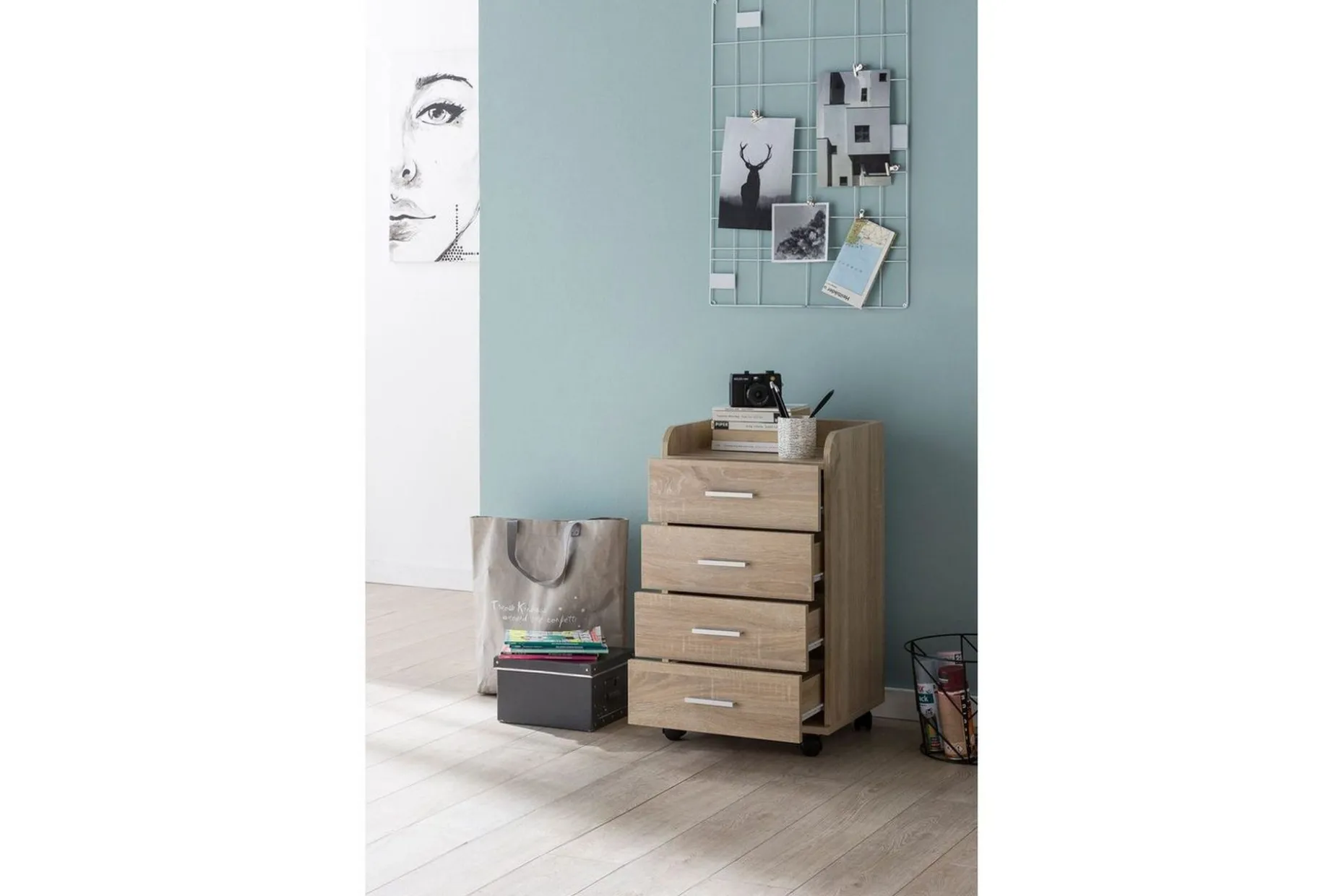 Rullkontejner Wohnling 4 lådor med hjul, förvaringsbricka, foliebelagd spånskiva, modern stil Sonoma