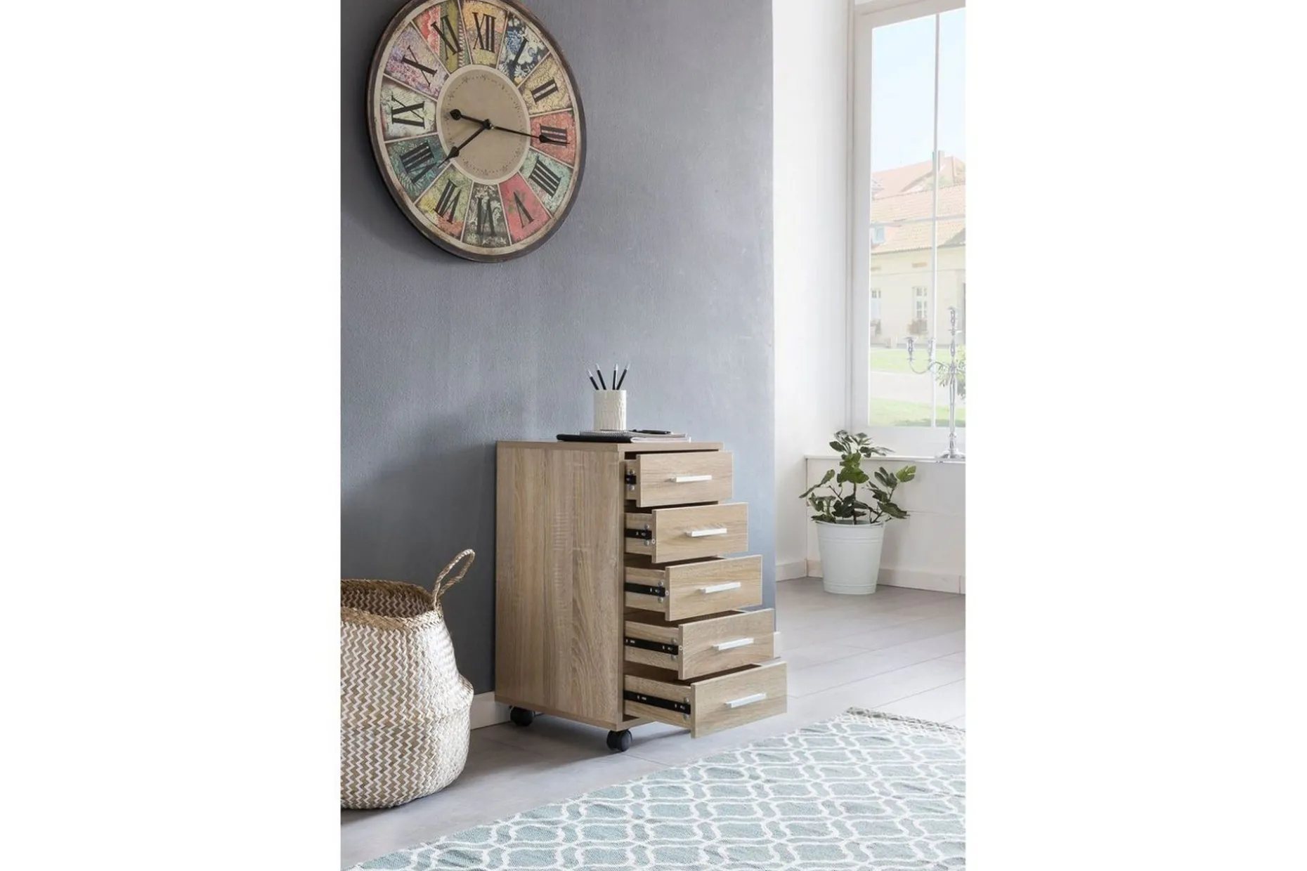 Rullkontejner Wohnling 5 lådor med hjul, folierad spånskiva, modern stil Sonoma
