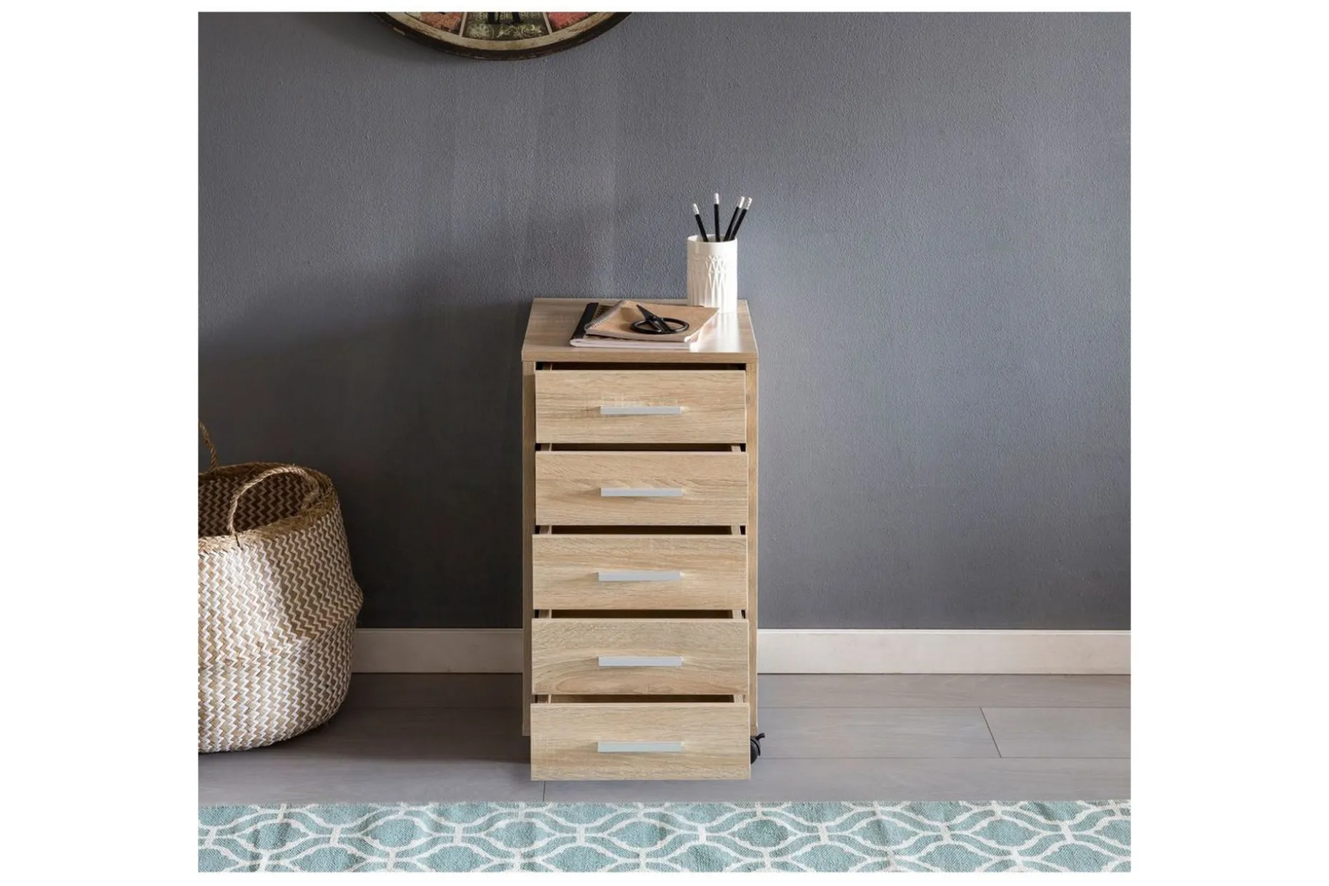 Rullkontejner Wohnling 5 lådor med hjul, folierad spånskiva, modern stil Sonoma