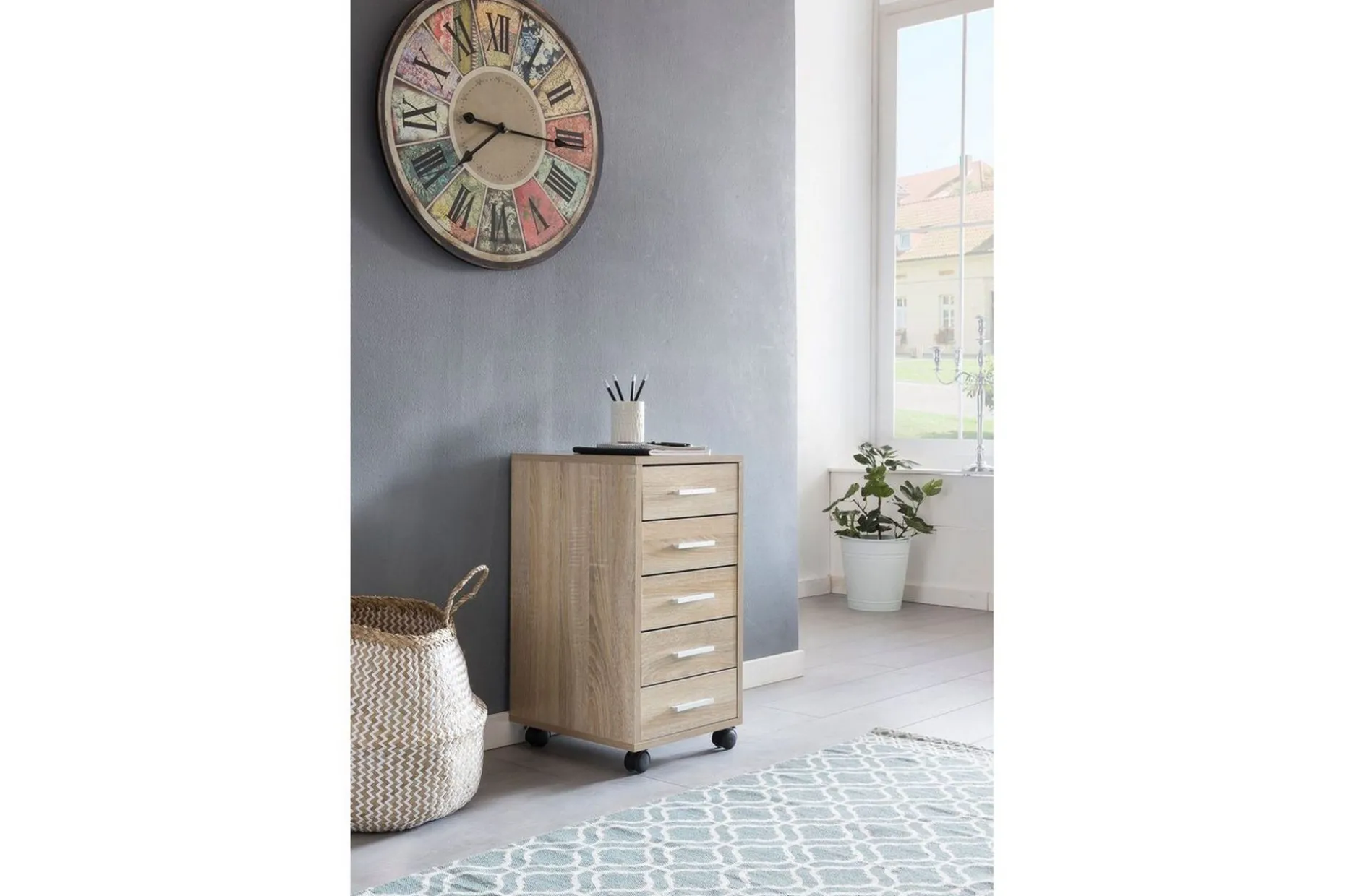 Rullkontejner Wohnling 5 lådor med hjul, folierad spånskiva, modern stil Sonoma