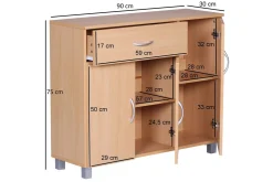 Sideboard Wohnling folierad spånskiva 90x75 cm, 3 dörrar 1 låda, modern stil Bok