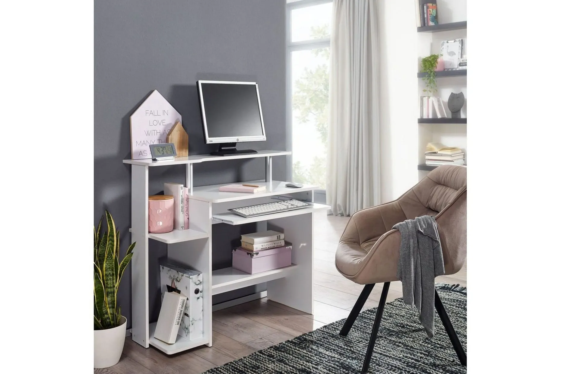 Skrivbord Wohnling för dator med hjul, tangentbord utdragbar, modern stil Vit