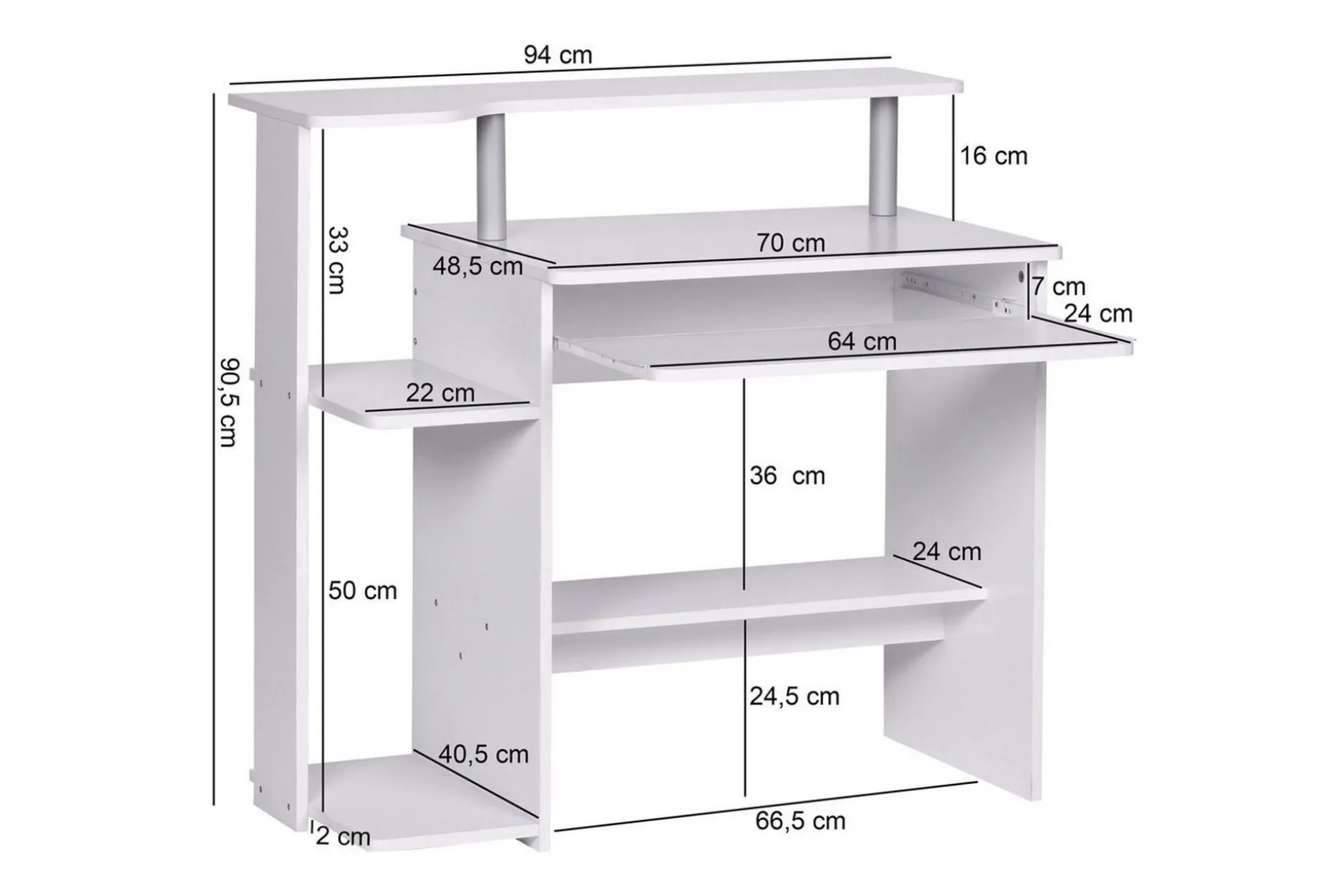 Skrivbord Wohnling för dator med hjul, tangentbord utdragbar, modern stil Vit