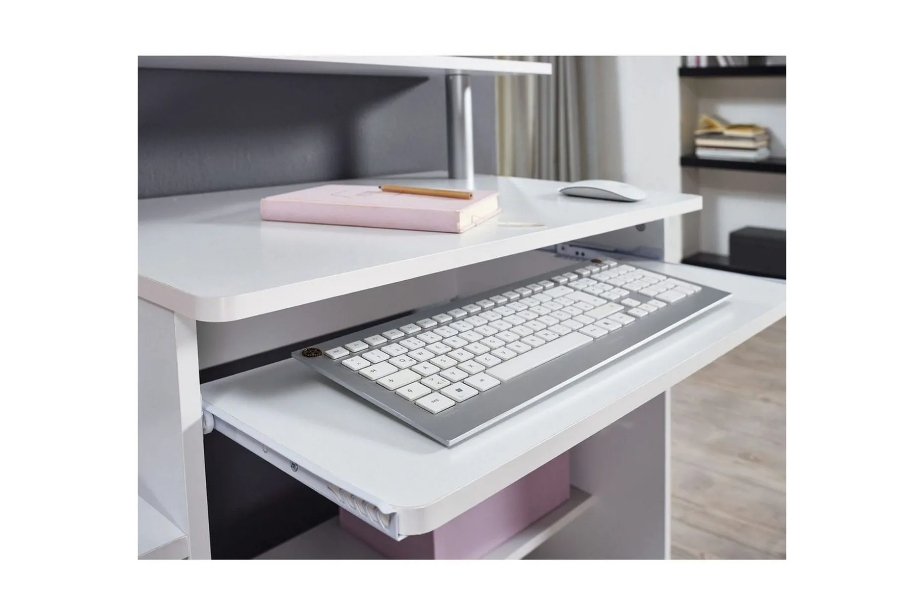 Skrivbord Wohnling för dator med hjul, tangentbord utdragbar, modern stil Vit