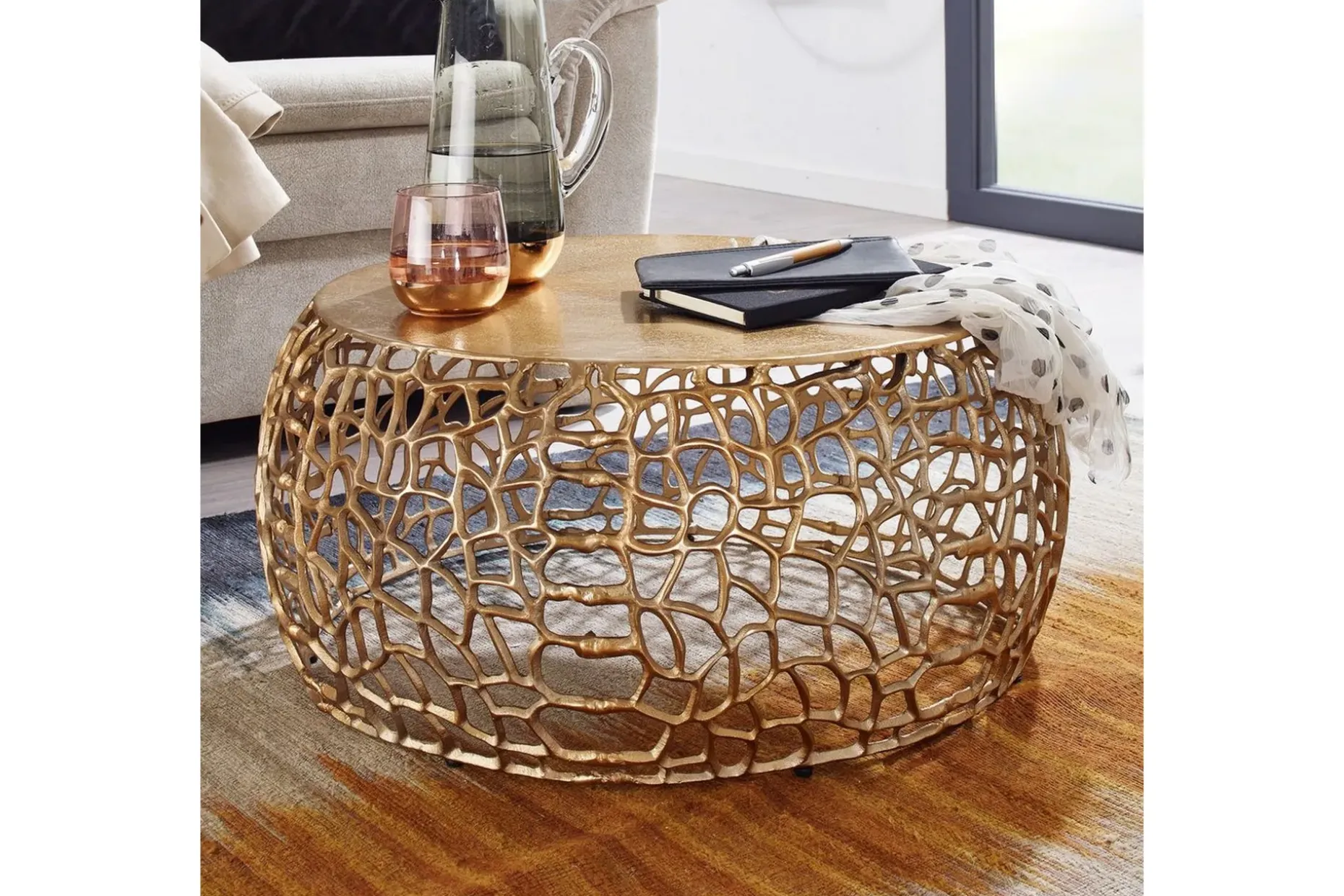 Soffbord Wohnling aluminiumgjutning, rund 60 cm handgjord, modern stil Guld