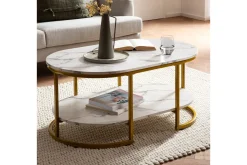 Soffbord Wohnling marmorutseende ovalt 100 cm med förvaringshylla, Bauhaus-stil Marmor Vit