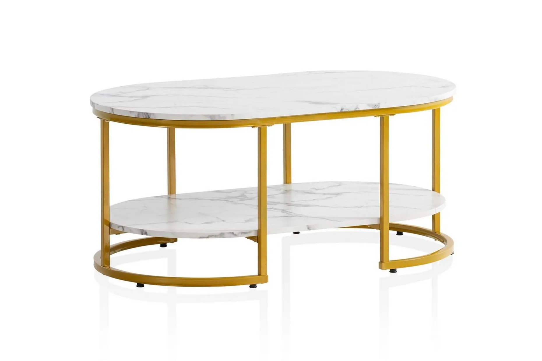 Soffbord Wohnling marmorutseende ovalt 100 cm med förvaringshylla, Bauhaus-stil Marmor Vit