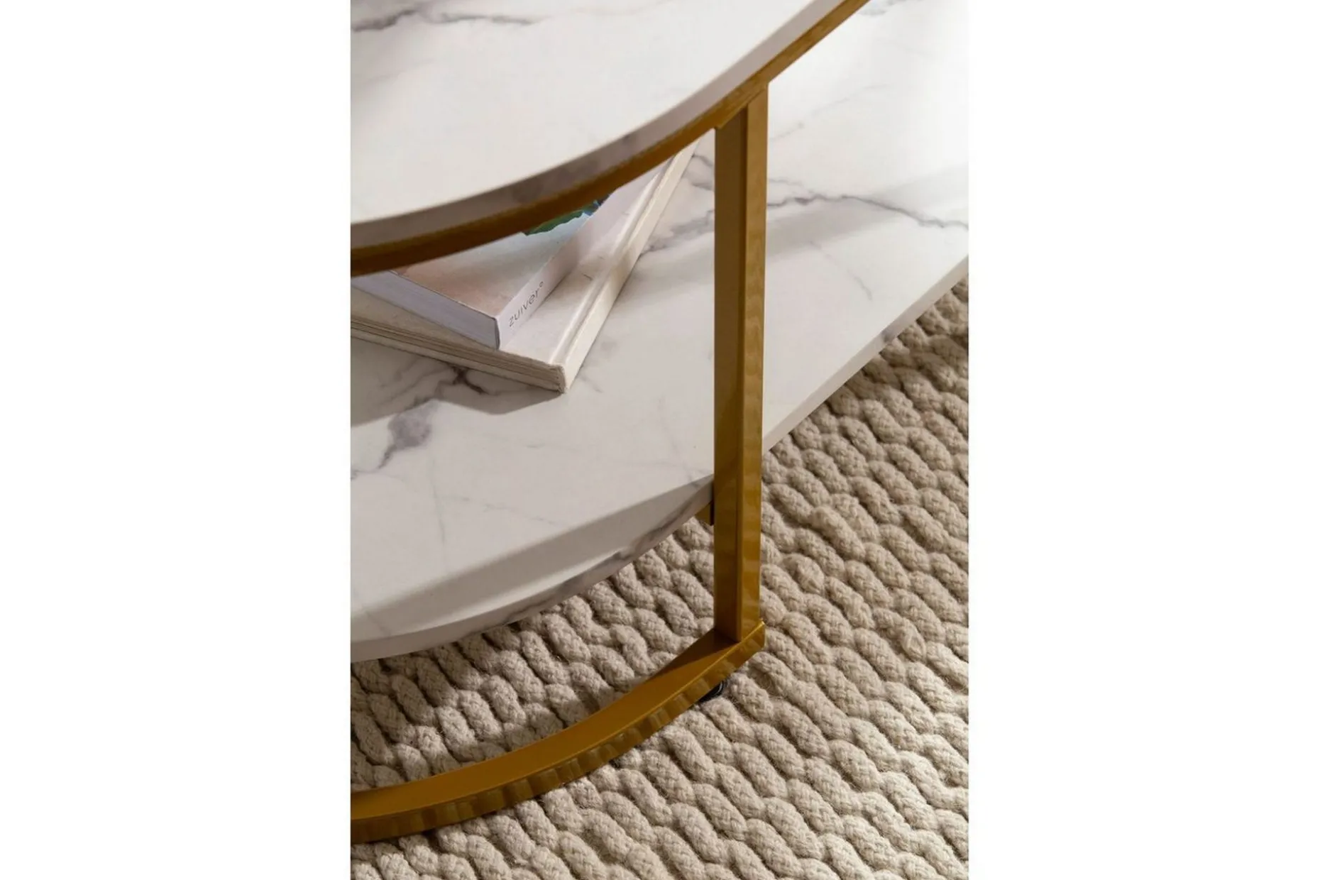 Soffbord Wohnling marmorutseende ovalt 100 cm med förvaringshylla, Bauhaus-stil Marmor Vit