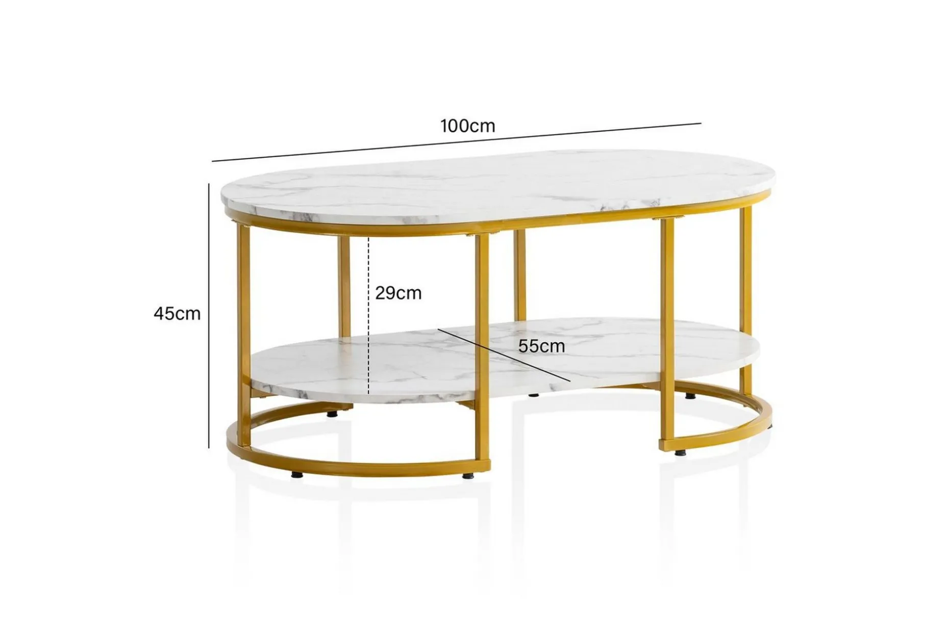 Soffbord Wohnling marmorutseende ovalt 100 cm med förvaringshylla, Bauhaus-stil Marmor Vit