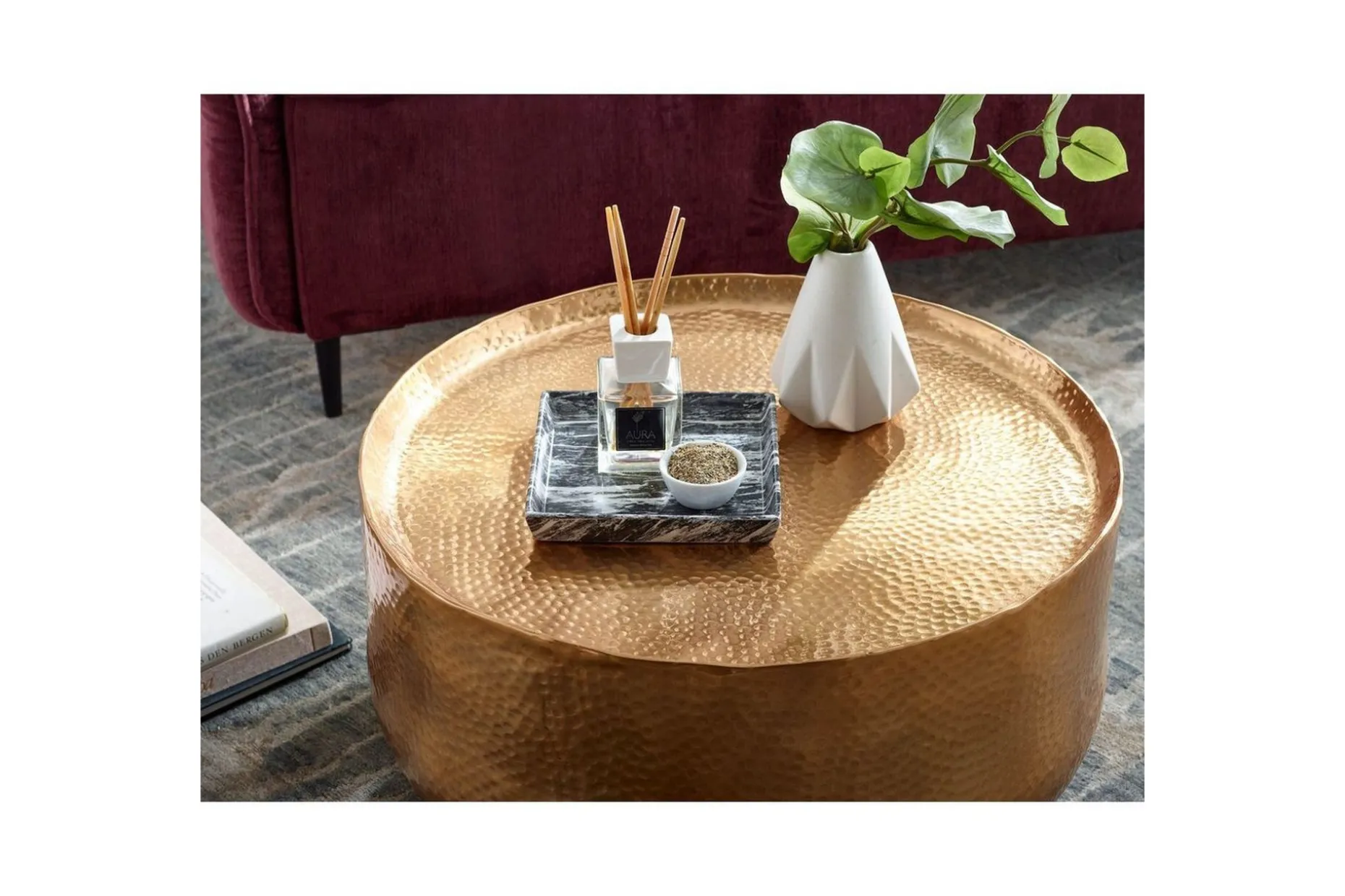 Soffbord Wohnling rund metall 60 cm hamrat utseende, orientalisk stil Guld