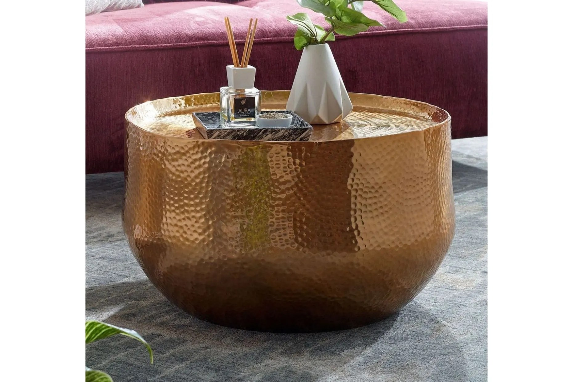 Soffbord Wohnling rund metall 60 cm hamrat utseende, orientalisk stil Guld