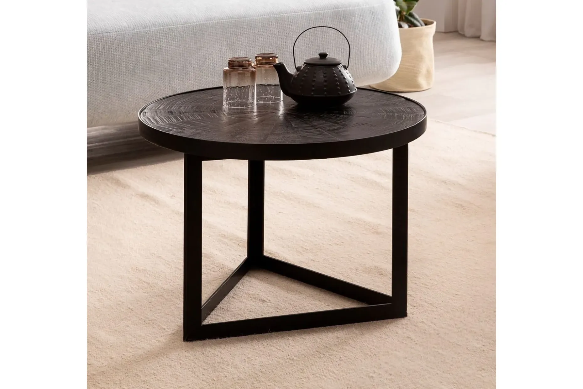 Soffbord Wohnling Runt massivt trä med stenfinish modern metallram