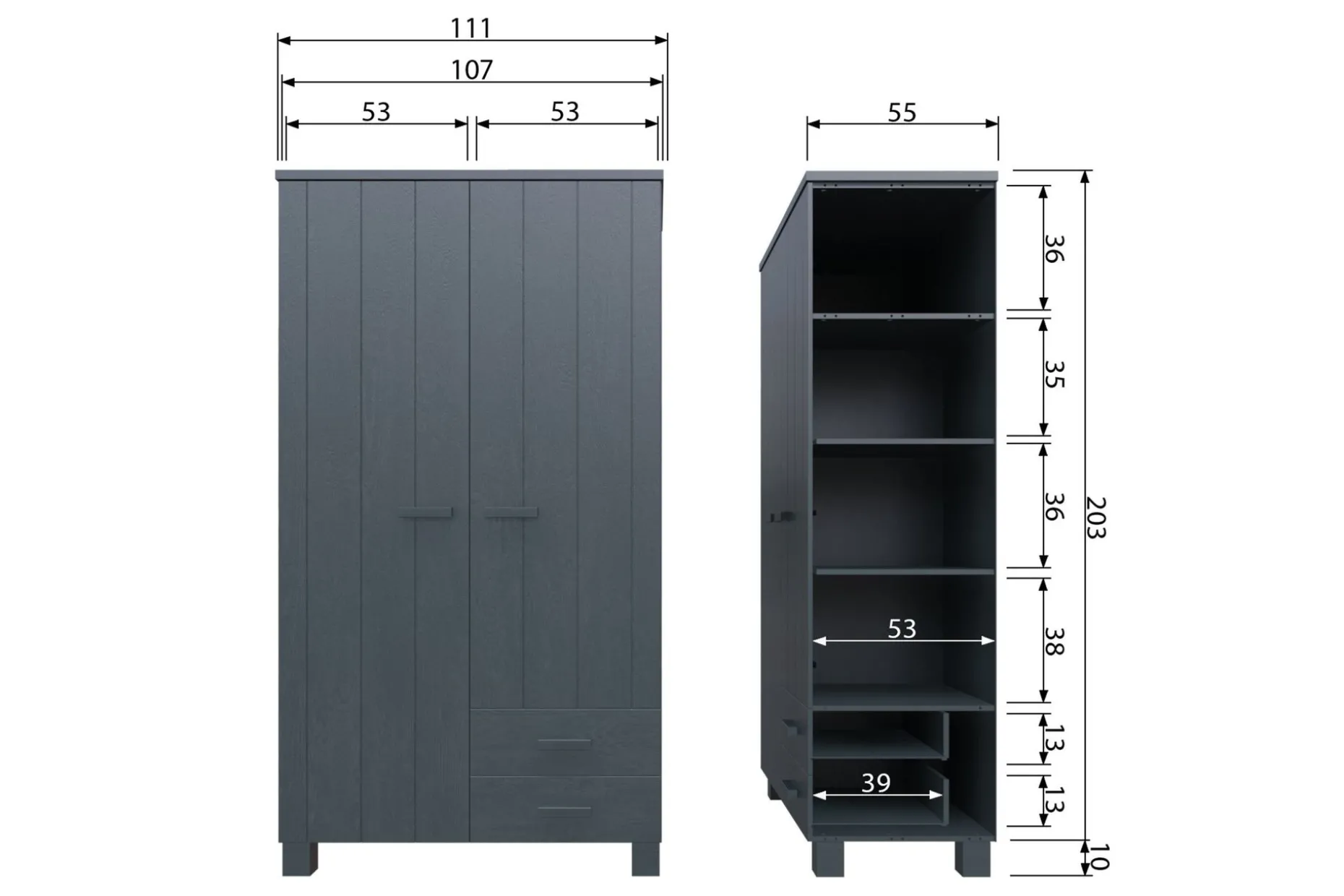 Tenney Garderob med 2 Lådor 111 cm
