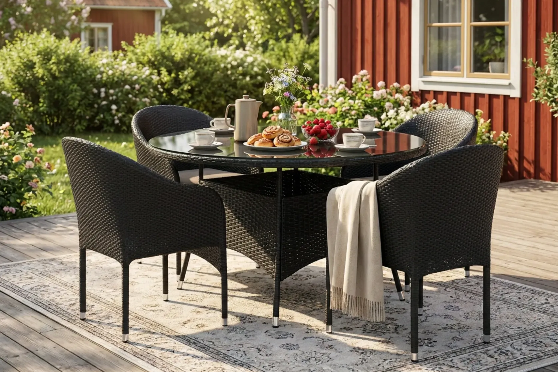 Thor utomhus rund matgrupp 140 cm med 4 Thor fåtöljer