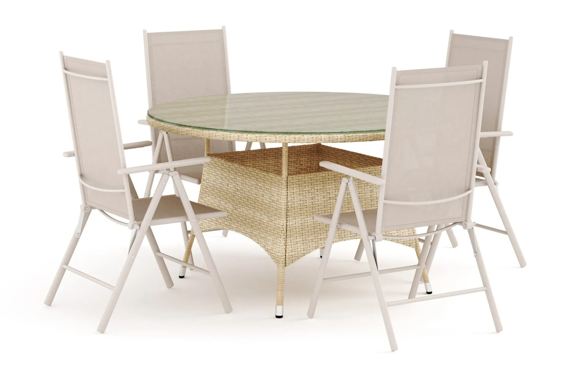 Thor utomhus rund matgrupp 140 cm med 4 Maggie positionsstolar