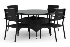Thor utomhus rund matgrupp 140 cm med 4 Tunis stapelstolar