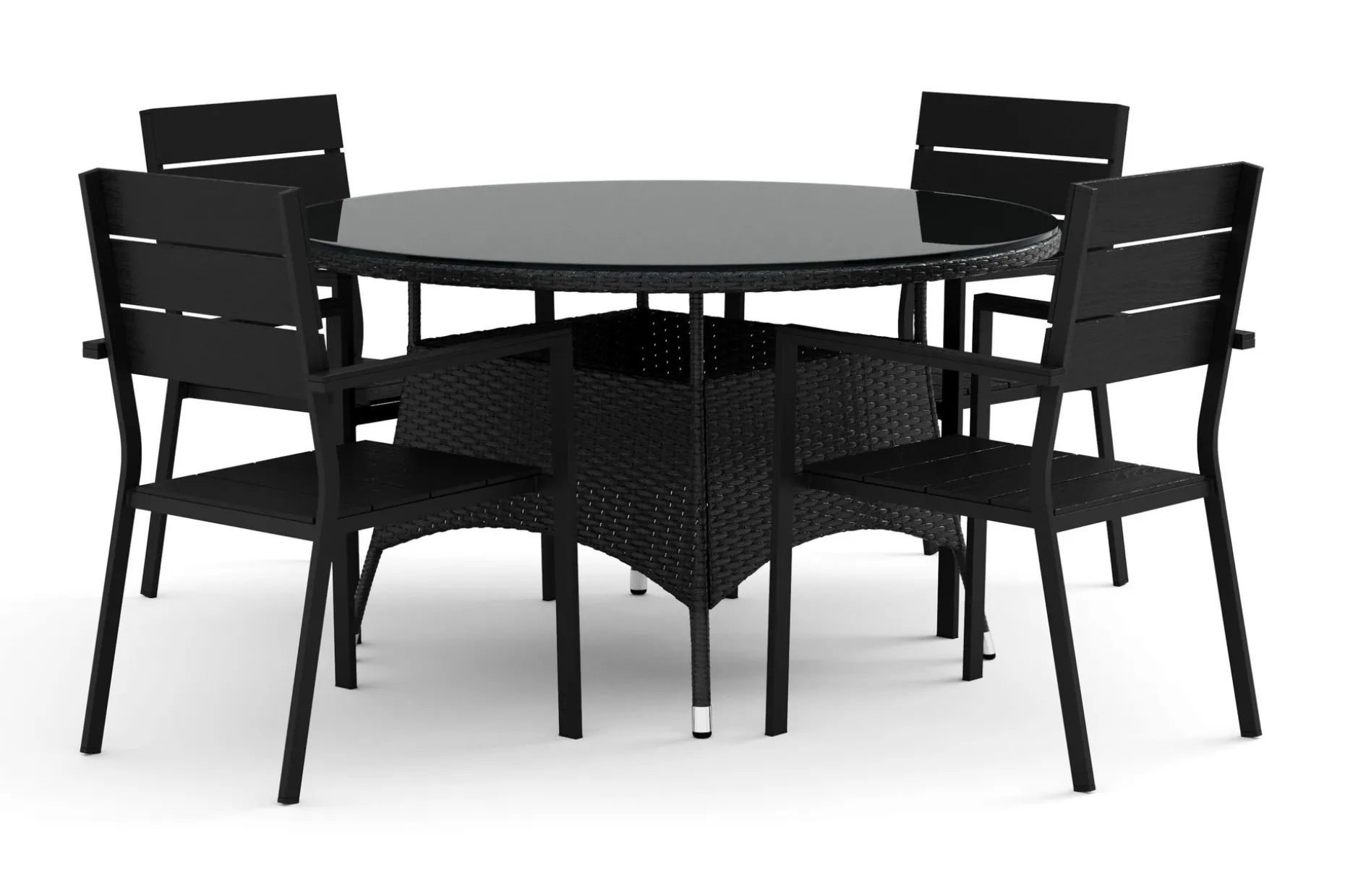 Thor utomhus rund matgrupp 140 cm med 4 Tunis stapelstolar