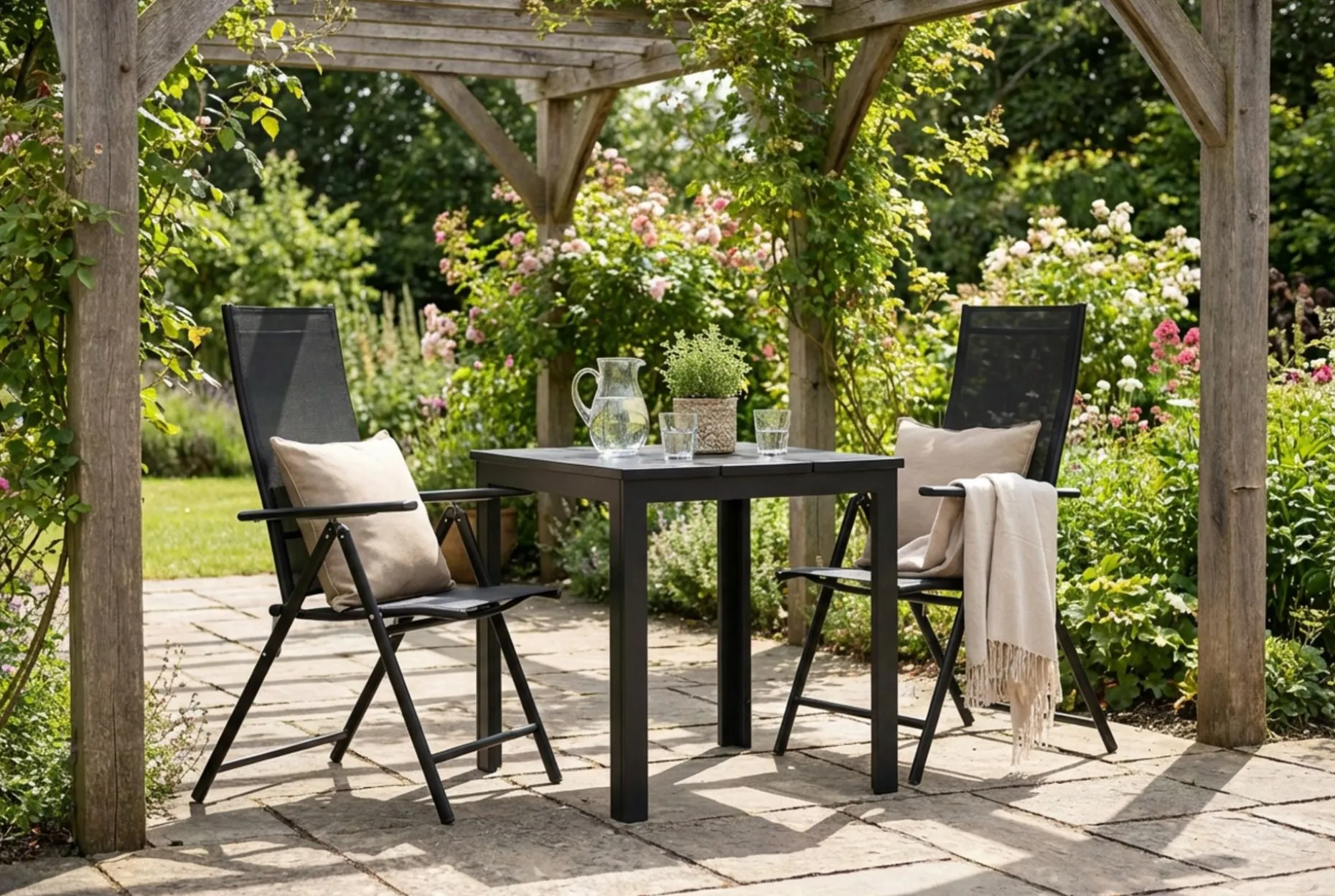 Tunis utomhus caféset 70x70 cm med 2 Sanna positionsstolar
