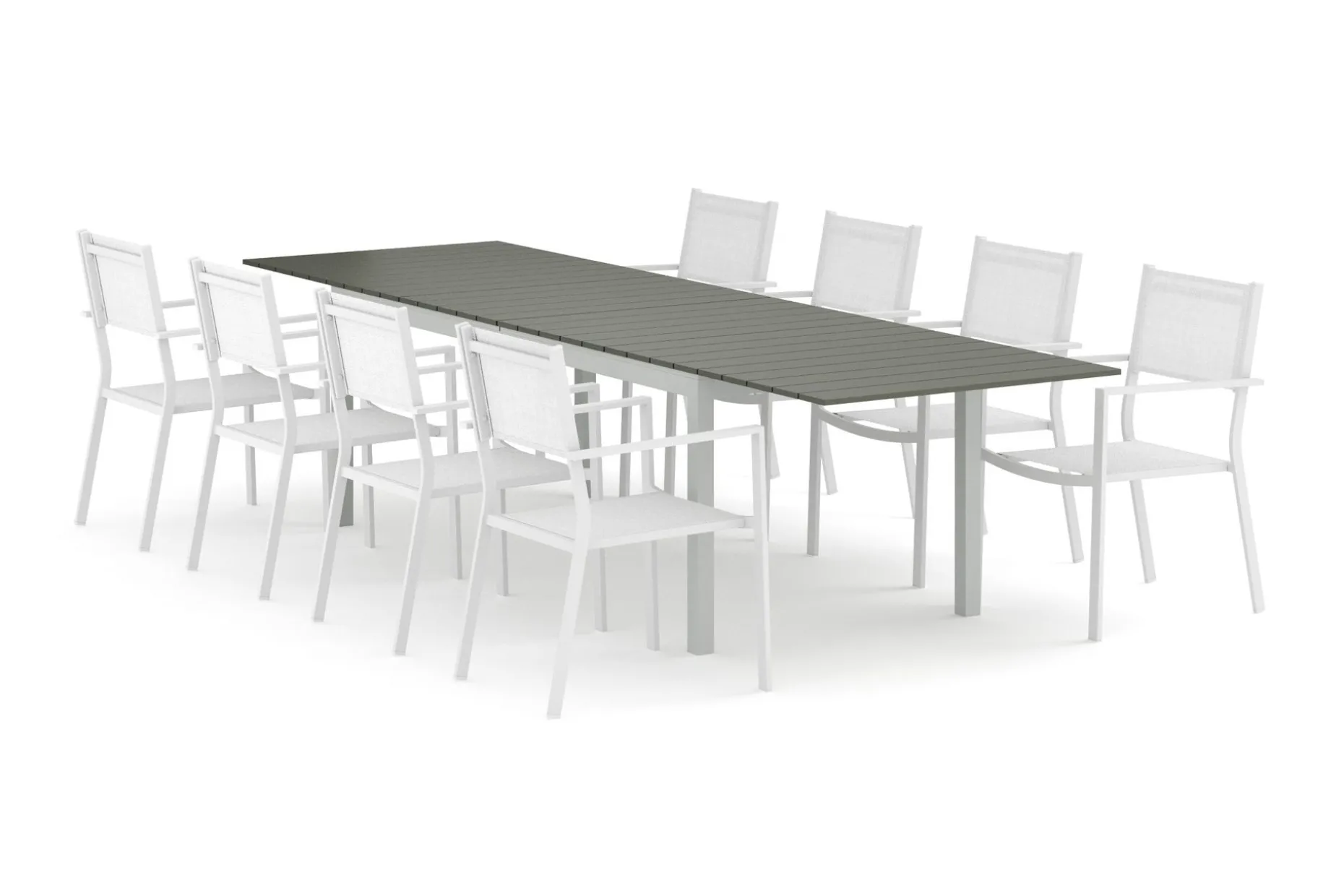 Tunis utomhus matgrupp förlängningsbart 205/305x90 cm med 8 Tunis stapelstolar