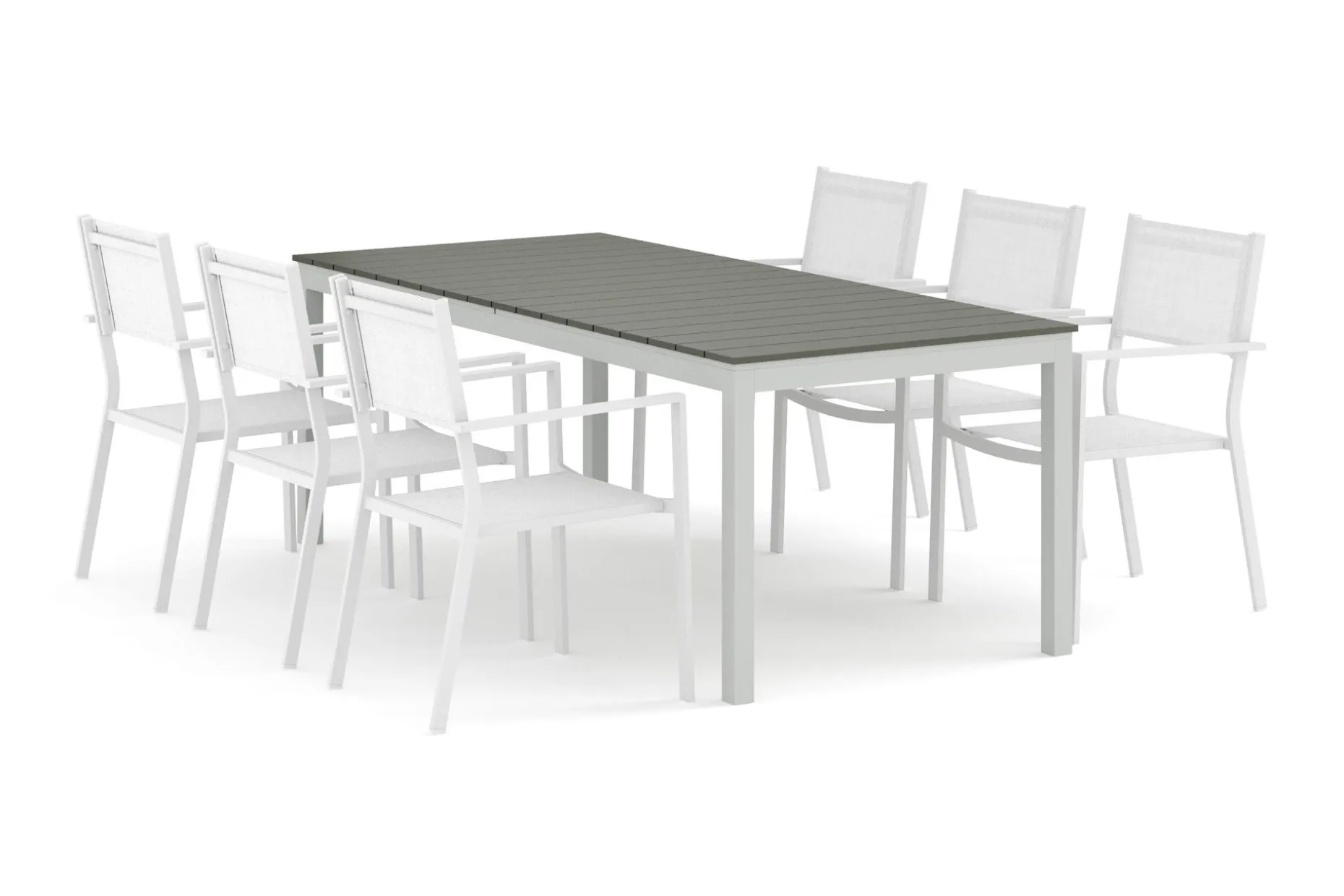 Tunis utomhus matgrupp förlängningsbart 205/305x90 cm med 6 Tunis stapelstolar