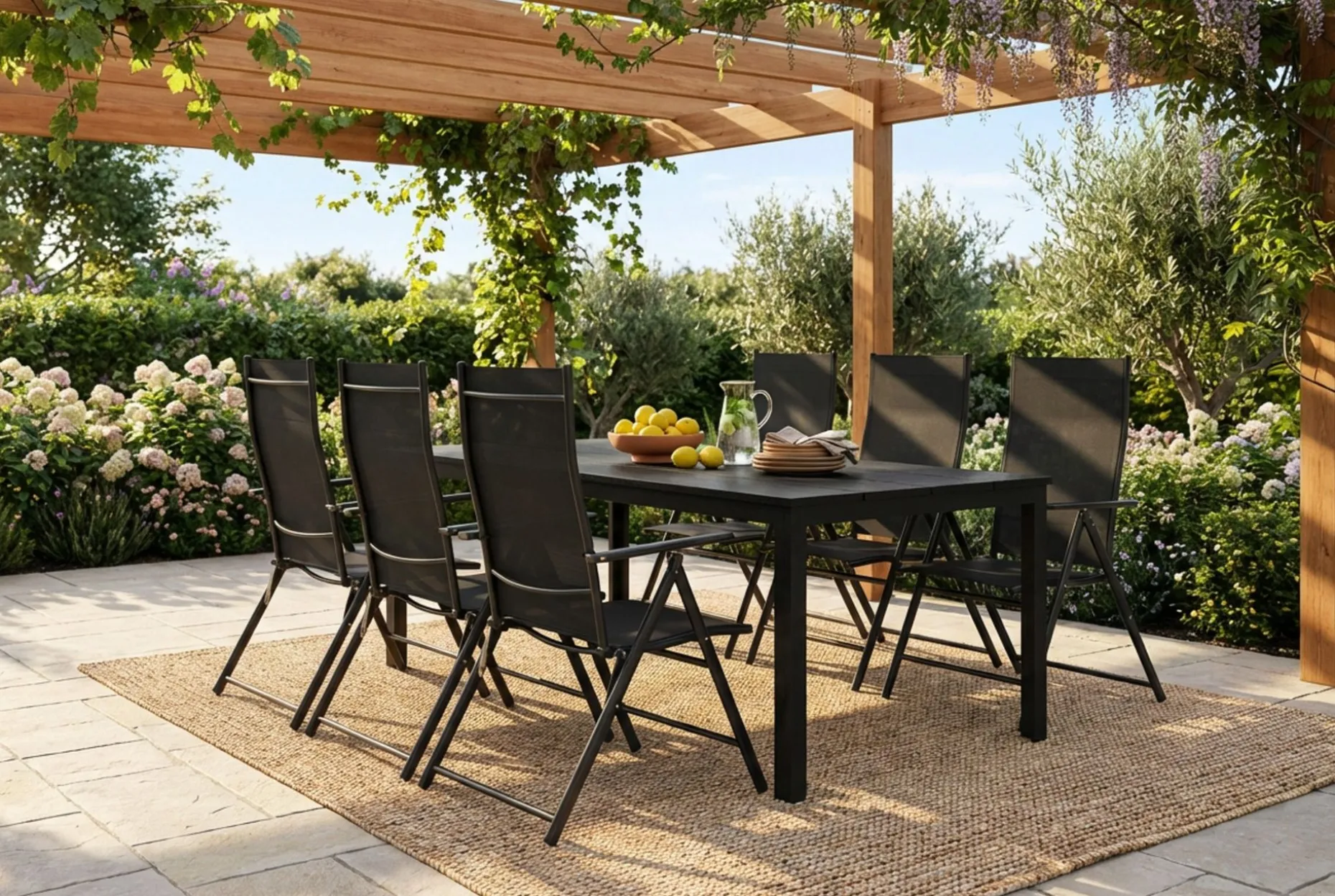 Tunis utomhus matgrupp 205x90 cm med 6 positionsstolar