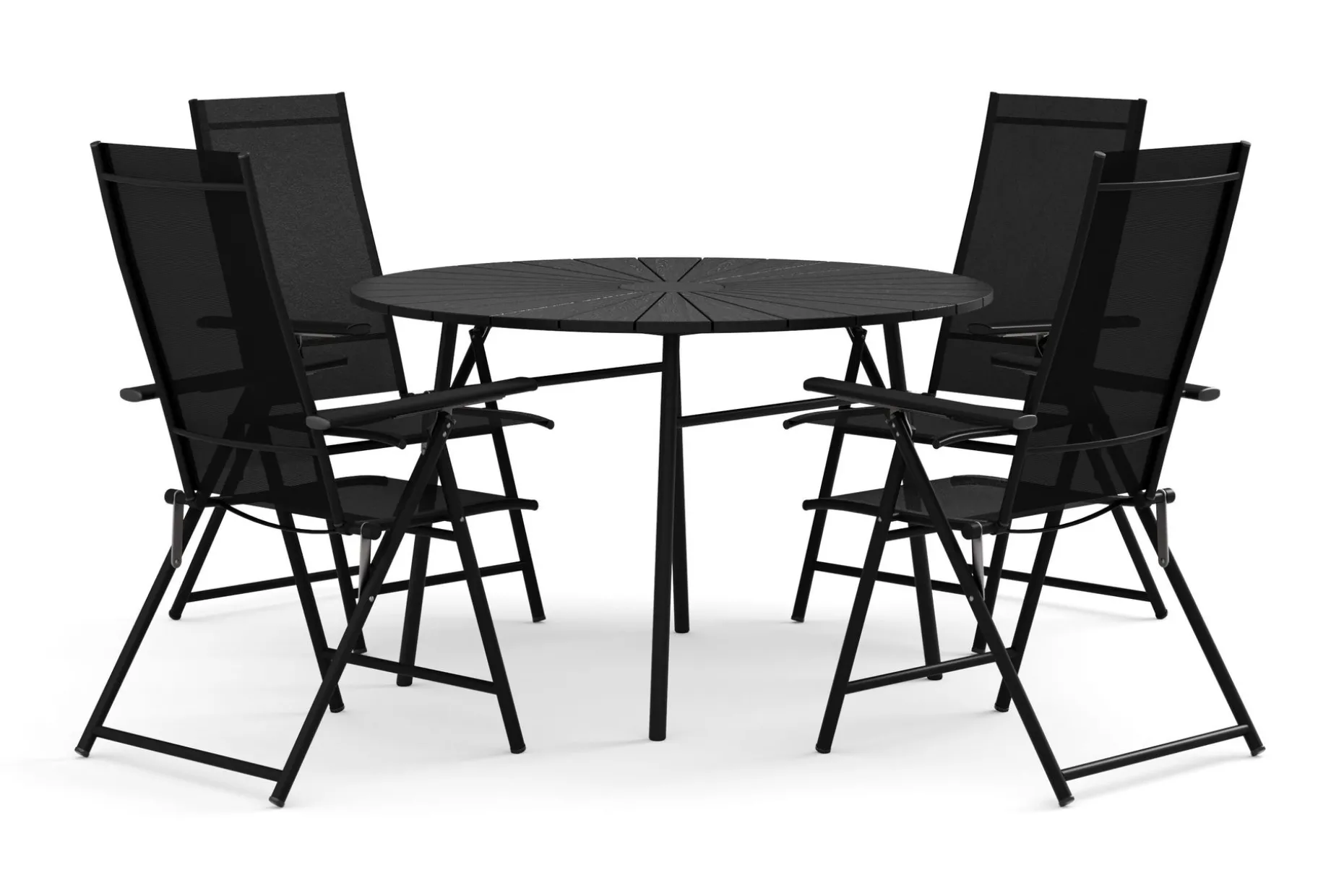 Tunis utomhus rund matgrupp 120 cm med 4 Sanna positionsstolar