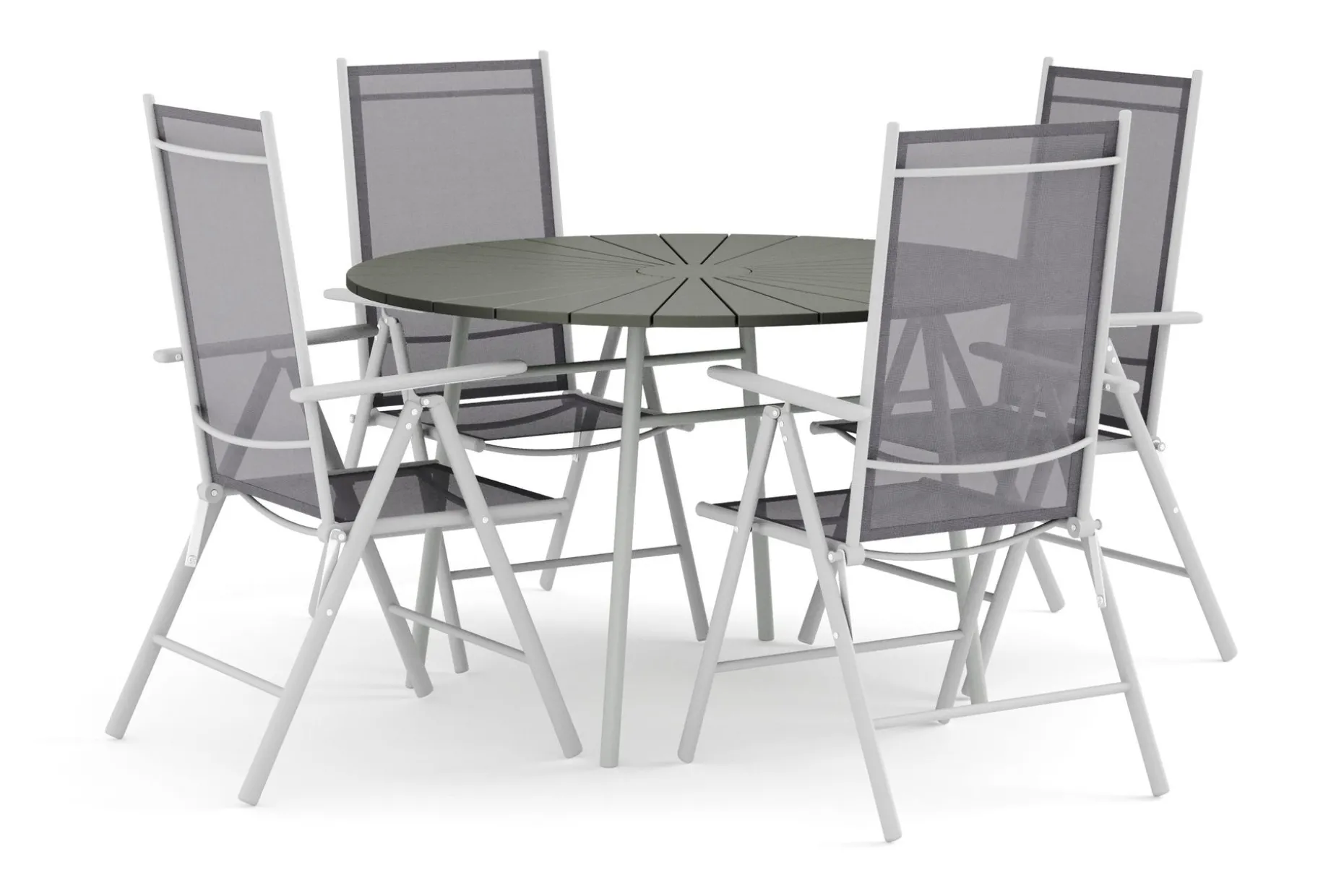 Tunis utomhus rund matgrupp 120 cm med 4 Maggie positionsstolar