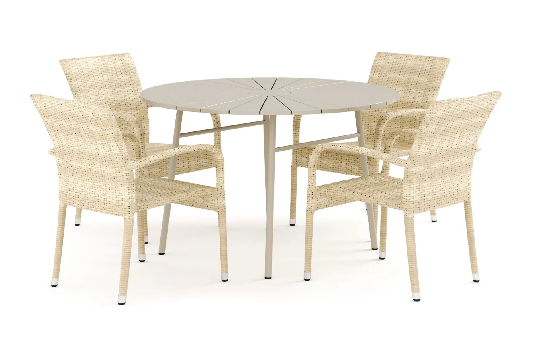 Tunis utomhus rund matgrupp 120 cm med 4 Thor Light utefåtöljer