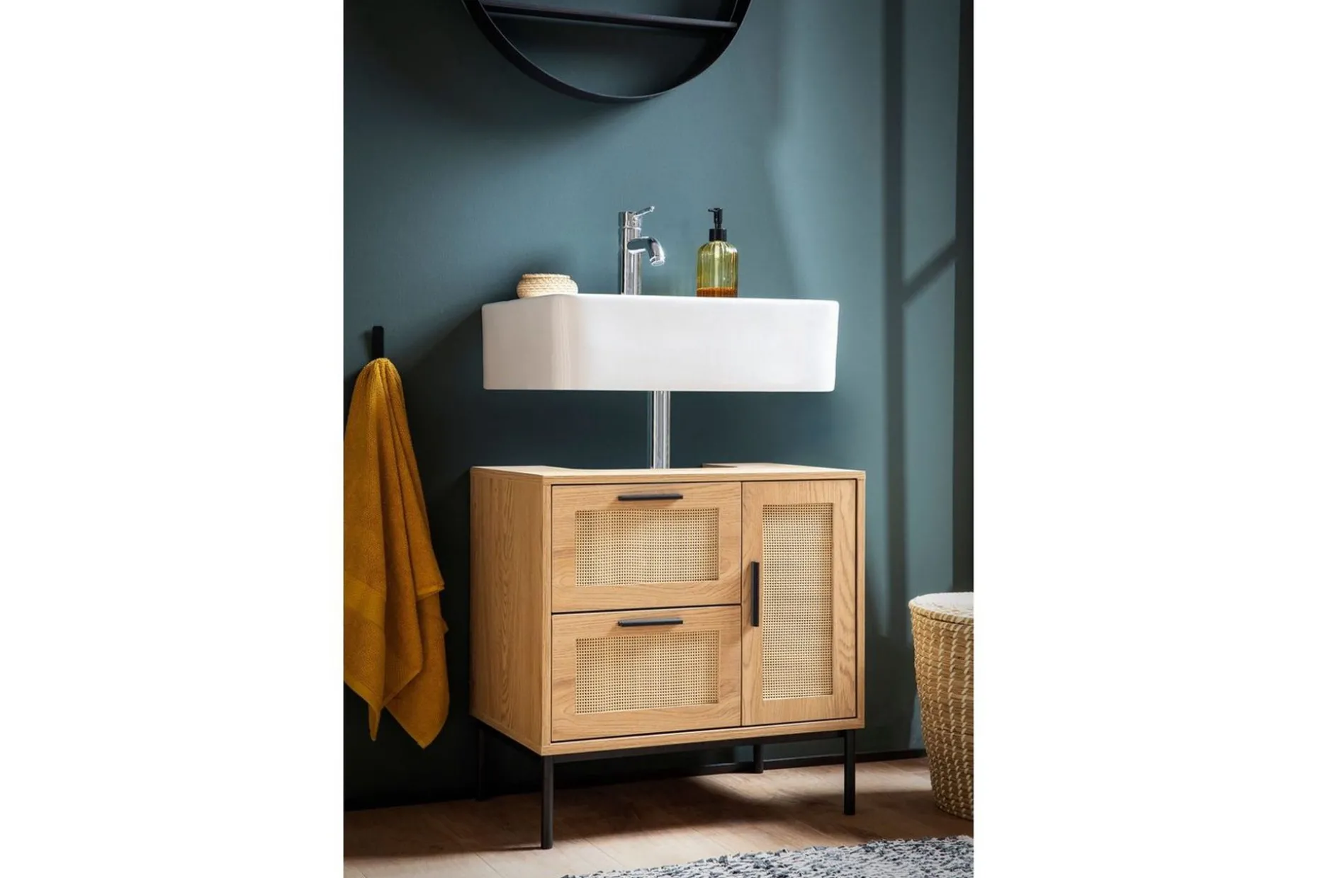 Tvättställsskåp Wohnling melaminbelagd MDF, ek-optik, rottingfront, metallben, modern loftstil 1 dörr, 3 lådor