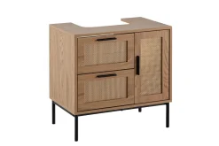 Tvättställsskåp Wohnling melaminbelagd MDF, ek-optik, rottingfront, metallben, modern loftstil 1 dörr, 3 lådor