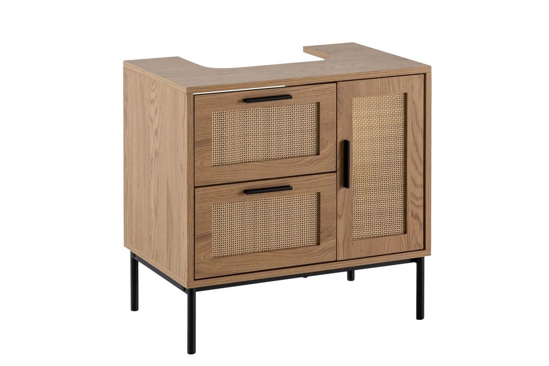 Tvättställsskåp Wohnling melaminbelagd MDF, ek-optik, rottingfront, metallben, modern loftstil 1 dörr, 3 lådor