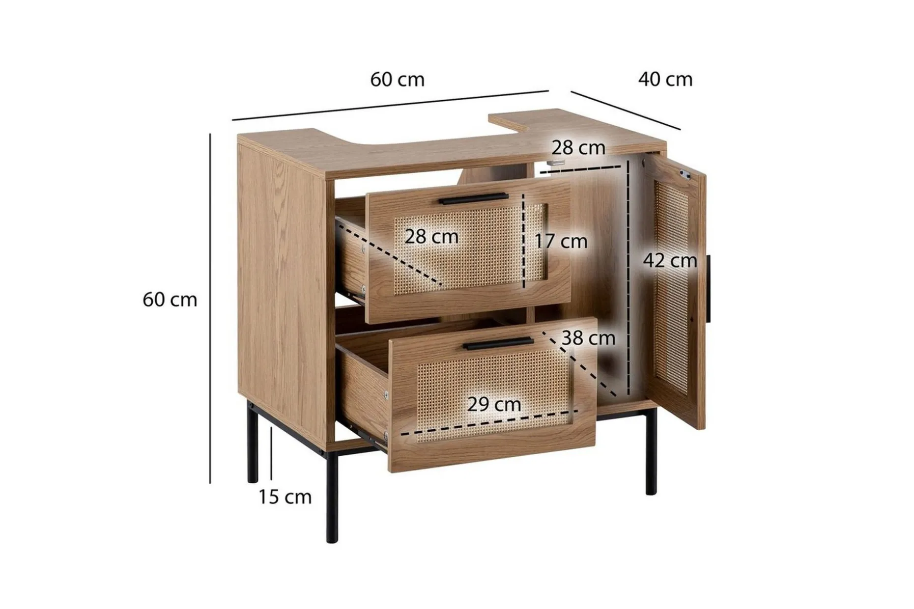 Tvättställsskåp Wohnling melaminbelagd MDF, ek-optik, rottingfront, metallben, modern loftstil 1 dörr, 3 lådor