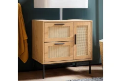 Tvättställsskåp Wohnling melaminbelagd MDF, ek-optik, rottingfront, metallben, modern loftstil 1 dörr, 3 lådor