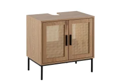 Tvättställsskåp Wohnling melaminbelagd MDF, ek-optik, rottingfront, metallben, modern loftstil 2 dörrar