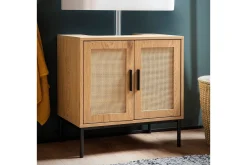 Tvättställsskåp Wohnling melaminbelagd MDF, ek-optik, rottingfront, metallben, modern loftstil 2 dörrar