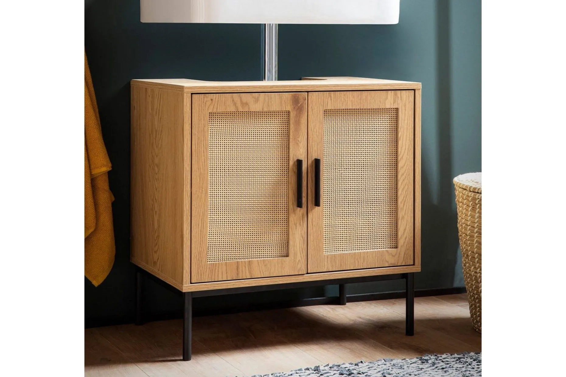 Tvättställsskåp Wohnling melaminbelagd MDF, ek-optik, rottingfront, metallben, modern loftstil 2 dörrar