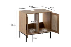 Tvättställsskåp Wohnling melaminbelagd MDF, ek-optik, rottingfront, metallben, modern loftstil 2 dörrar