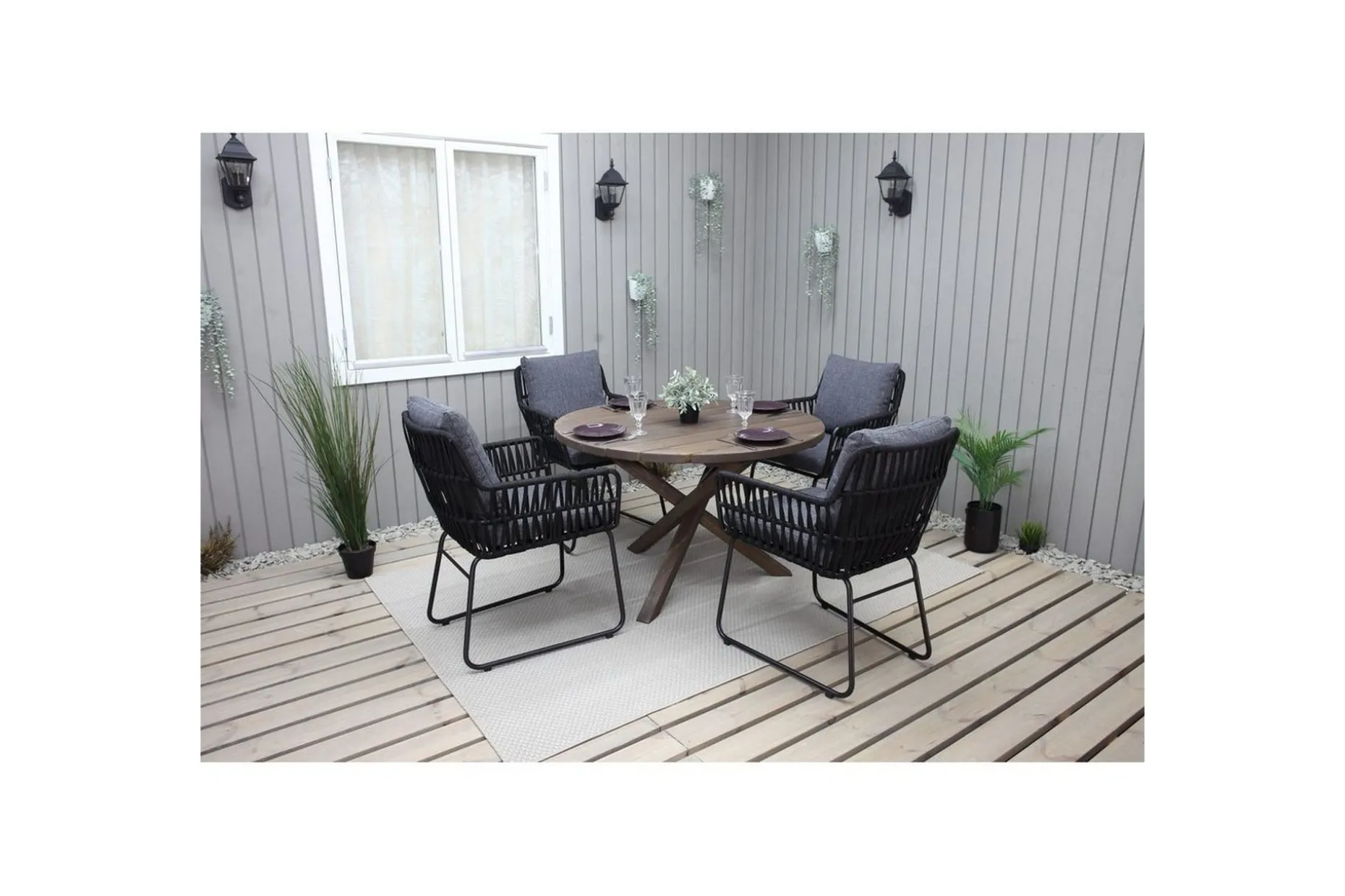 Utomhusmöbelgrupp Ø 112 cm bord & 4 Levanto grå stolar Brun
