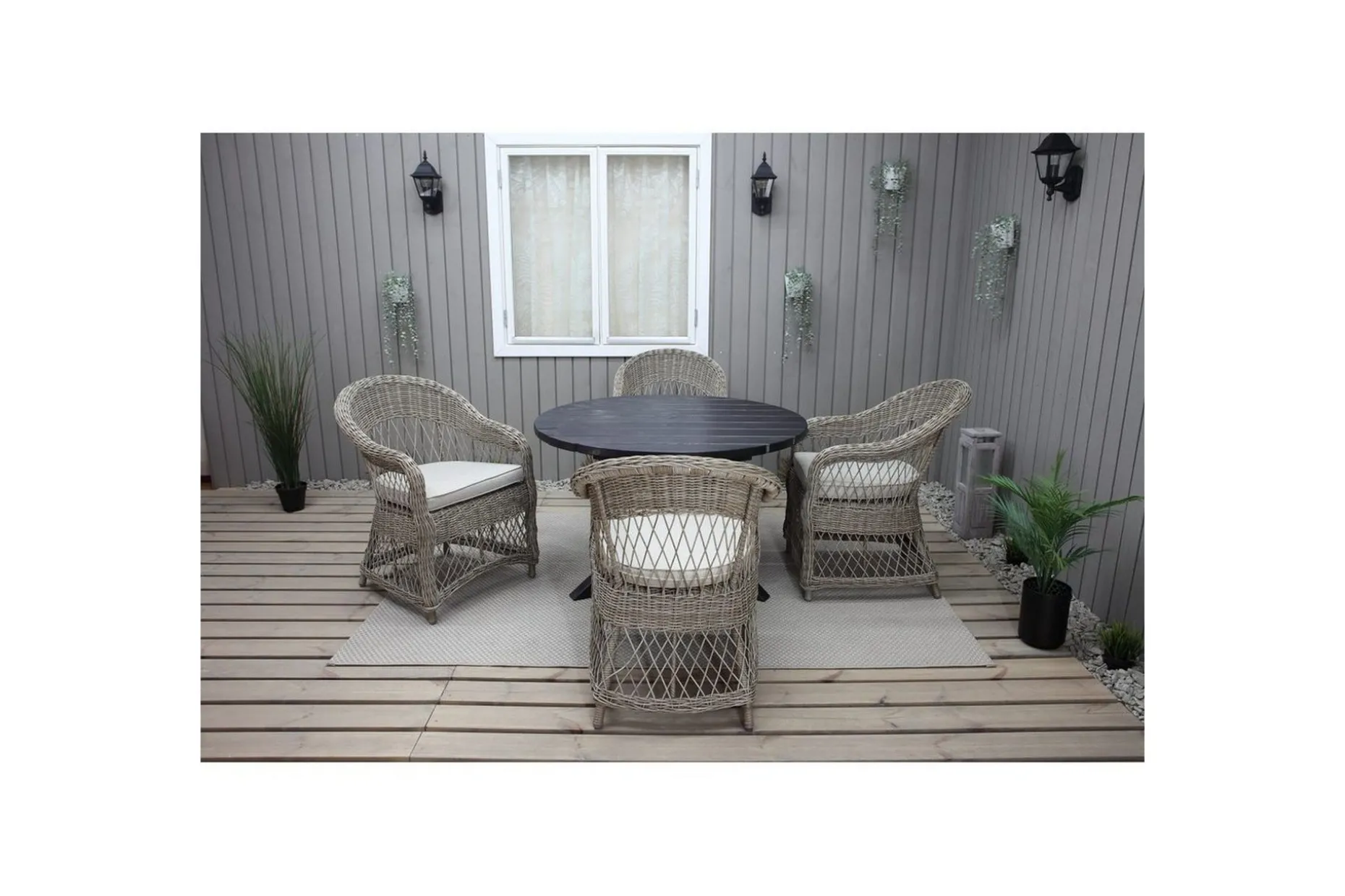 Utomhusmöbelgrupp Ø 112 cm bord & 4 Merida naturell stolar Svart
