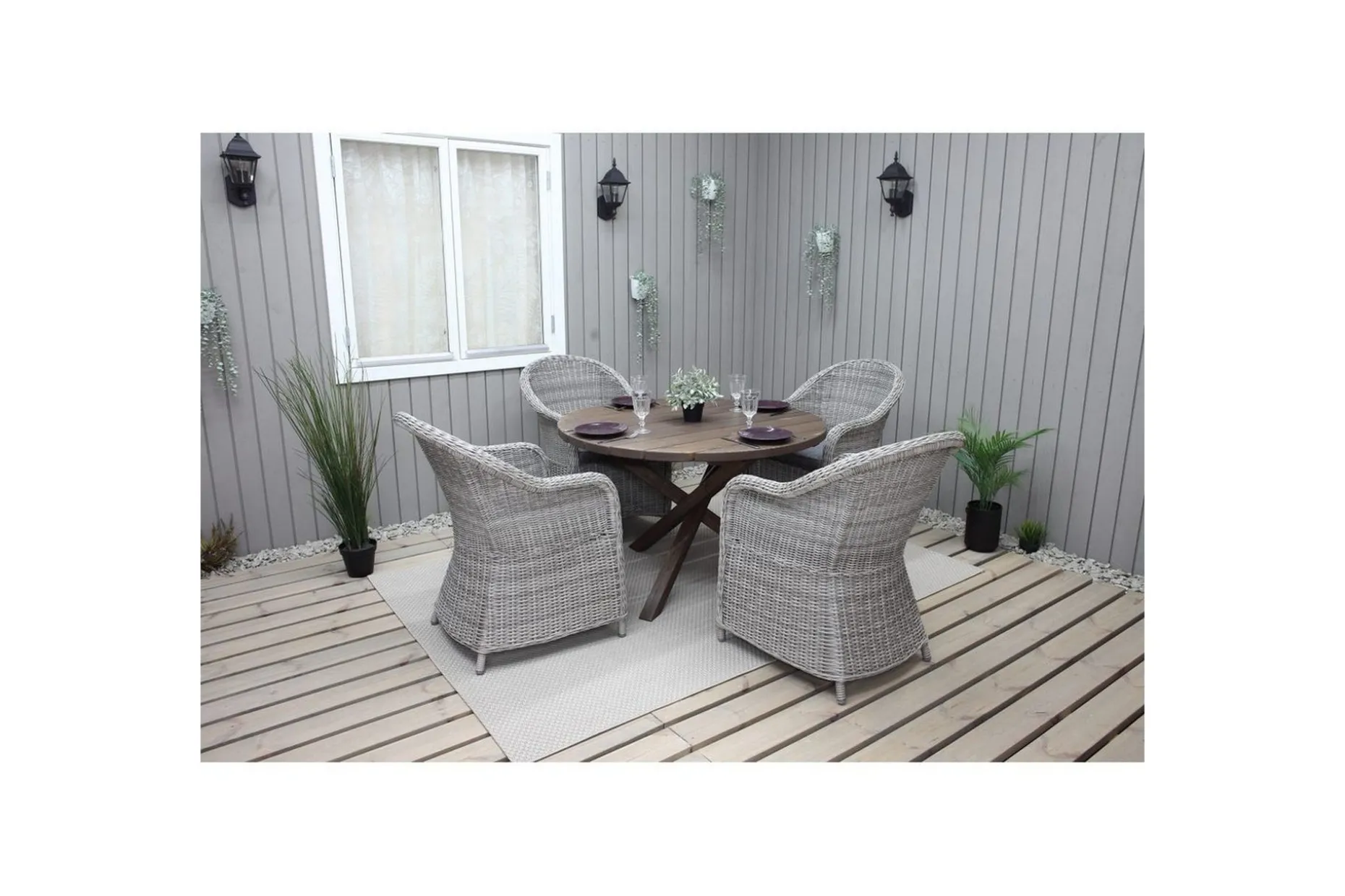 Utomhusmöbelgrupp Ø 112 cm bord & 4 Belize grå stolar Brun