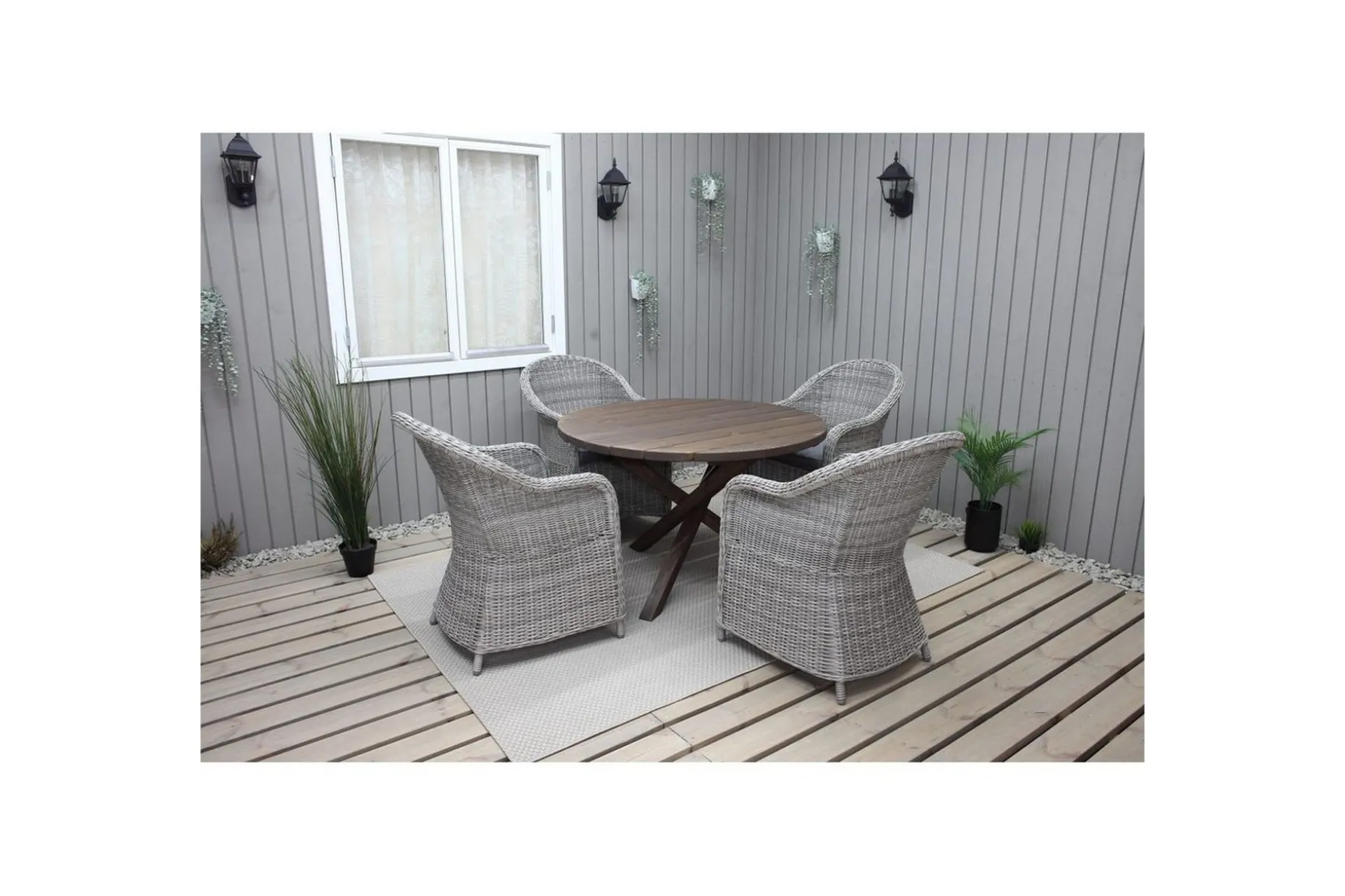 Utomhusmöbelgrupp Ø 112 cm bord & 4 Belize grå stolar Brun