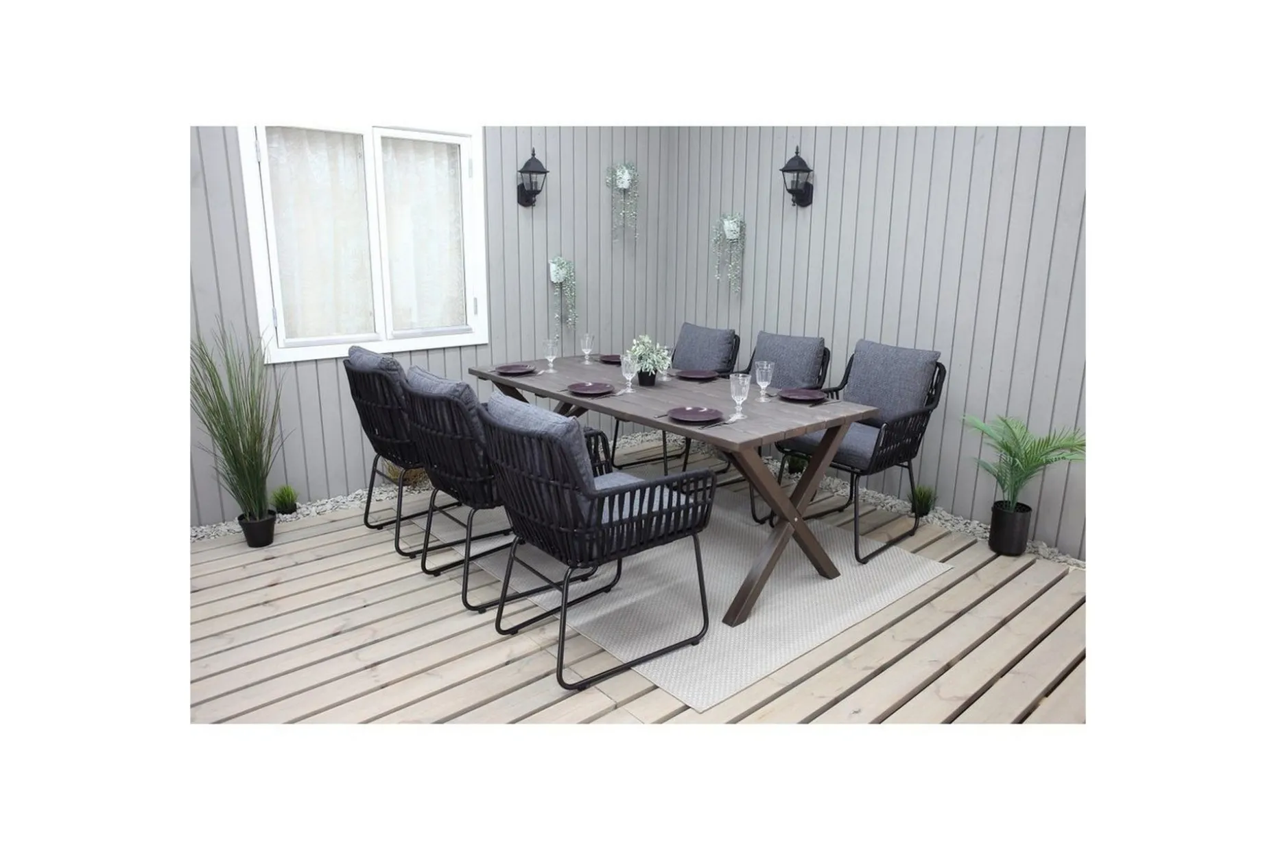 Utomhusmöbelgrupp 190 cm Bord & 6 Levanto grå stolar Brun