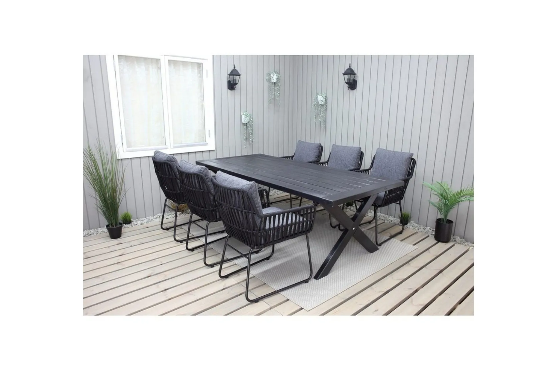 Utomhusmöbelgrupp 220 cm Bord & 6 Levanto grå stolar Svart